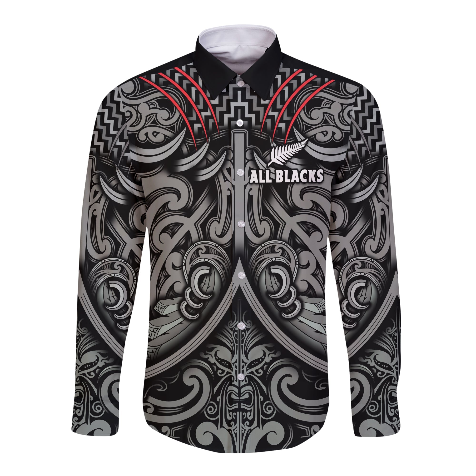 New Zealand Silver Fern Rugby Long Sleeve Button Shirt All Black NZ Maori Pattern - Vibe Hoodie Shop