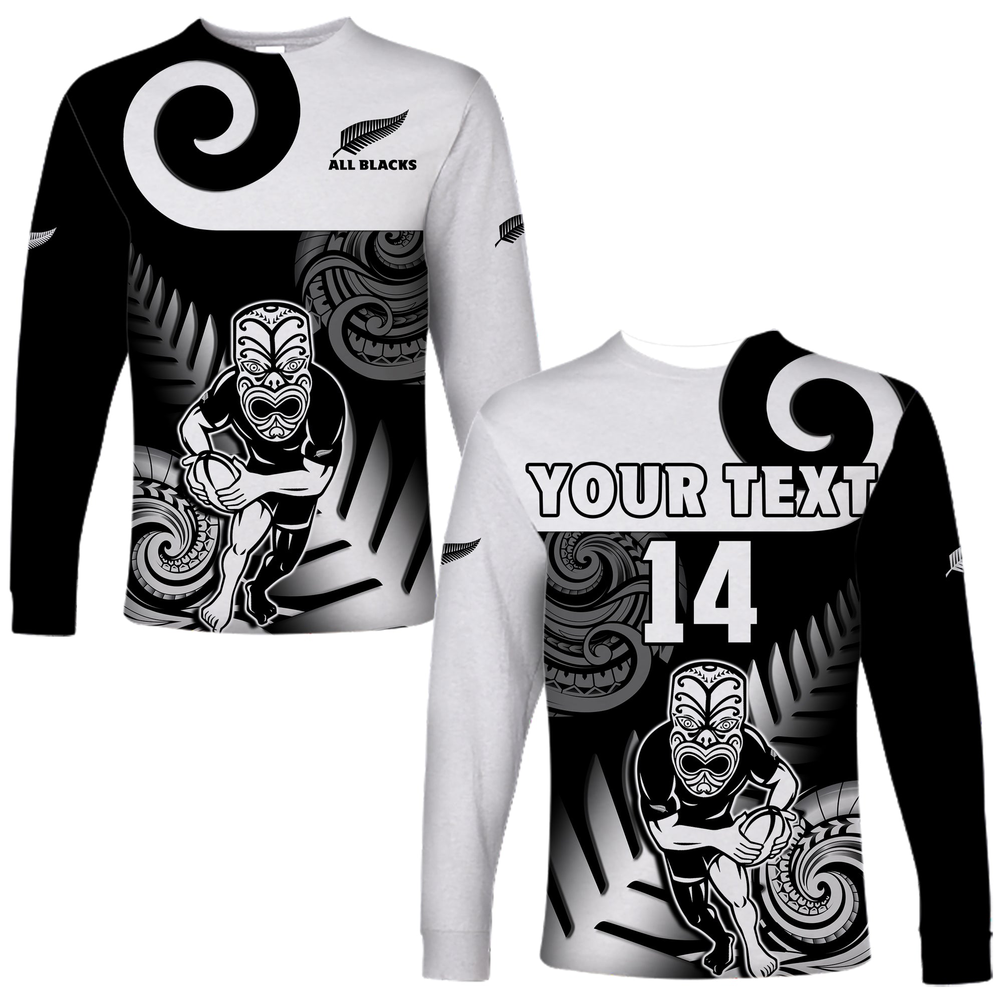 Custom Text And Number New Zealand Silver Fern Rugby Long Sleeve Shirt All Black Maori Koru - Vibe Hoodie Shop