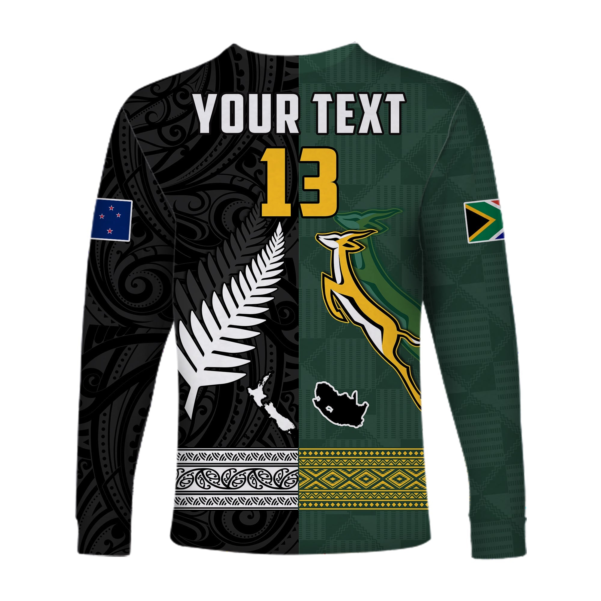 (Custom Text and Number) South Africa Protea and New Zealand Fern Long Sleeve Shirt Rugby Go Springboks vs All Black - Vibe Hoodie Shop