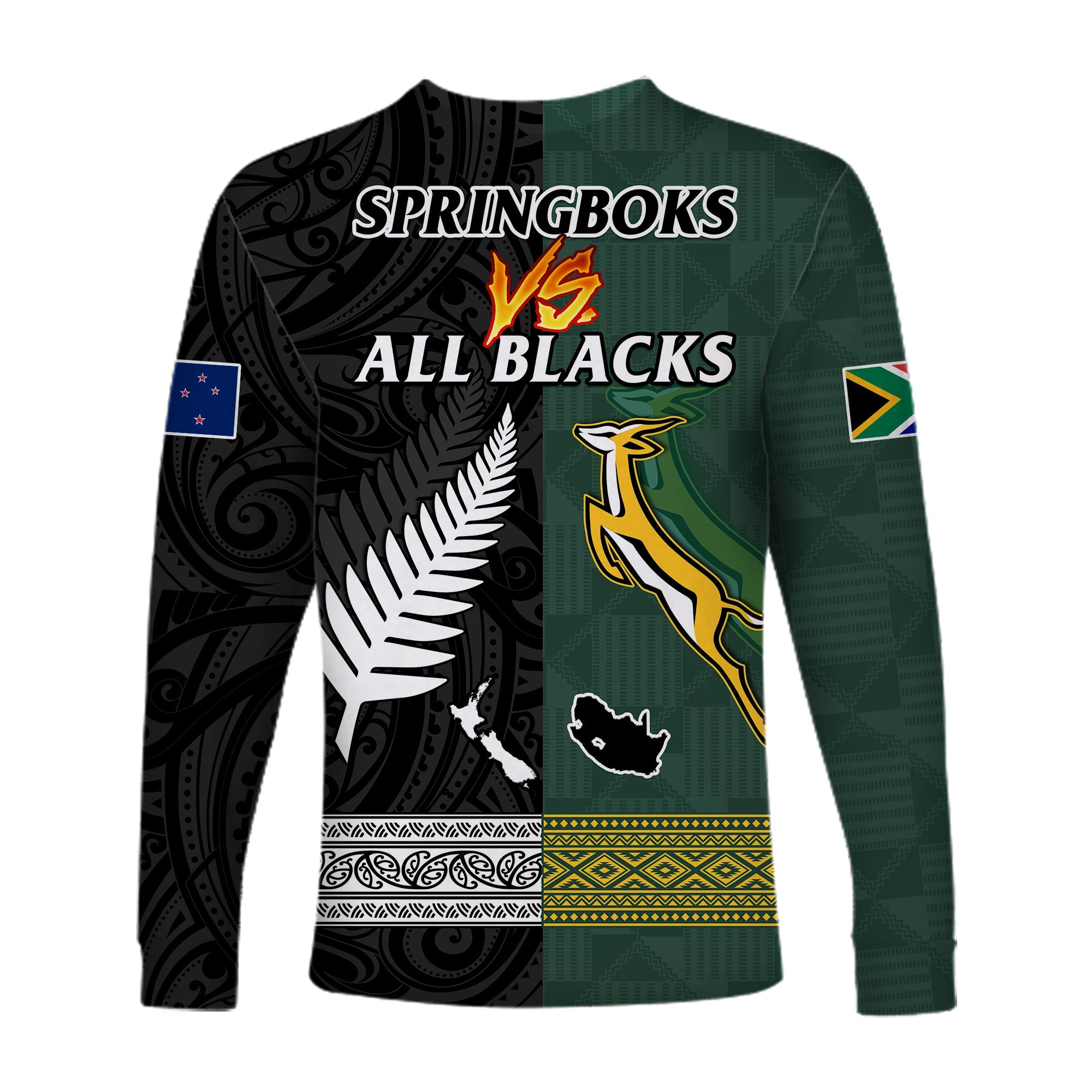 South Africa Protea and New Zealand Fern Long Sleeve Shirt Rugby Go Springboks vs All Black - Vibe Hoodie Shop