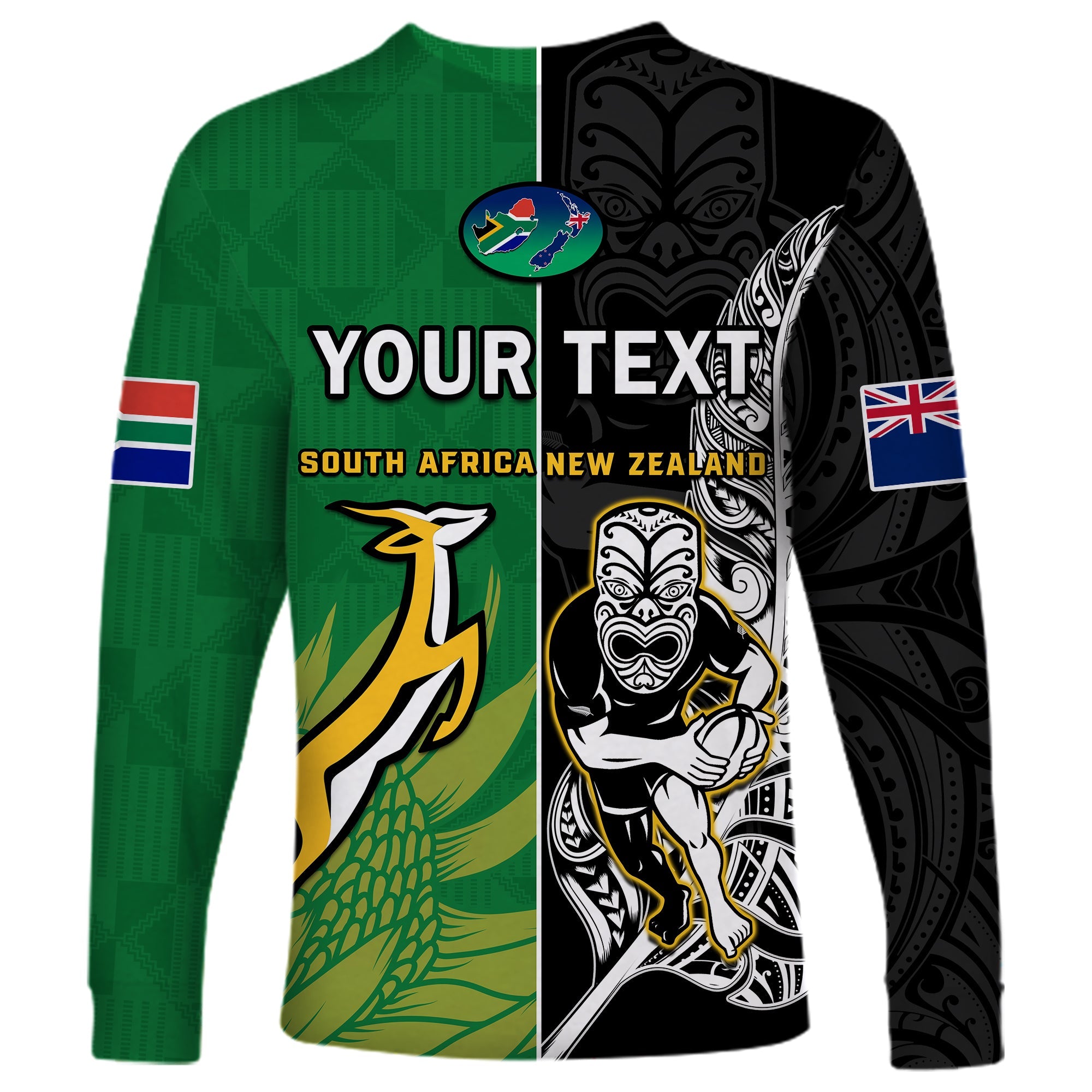 (Custom Personalised) New Zealand And South Africa Rugby Long Sleeve Shirt All Black Maori Mix Springboks - Vibe Hoodie Shop