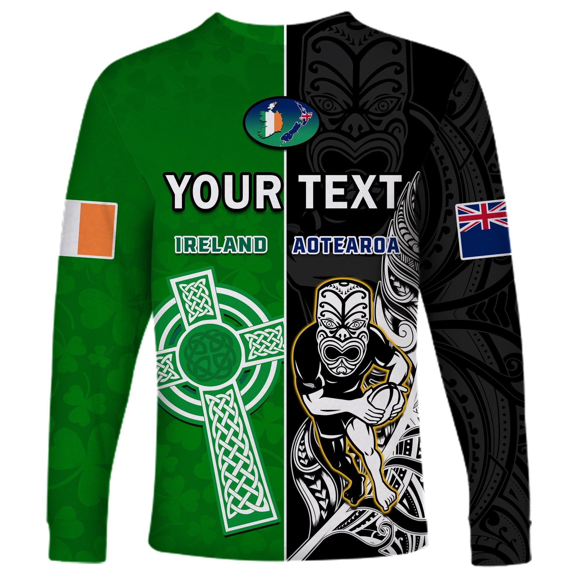 (Custom Personalised) New Zealand And Ireland Rugby Long Sleeve Shirt All Black Maori Mix Shamrocks - Vibe Hoodie Shop