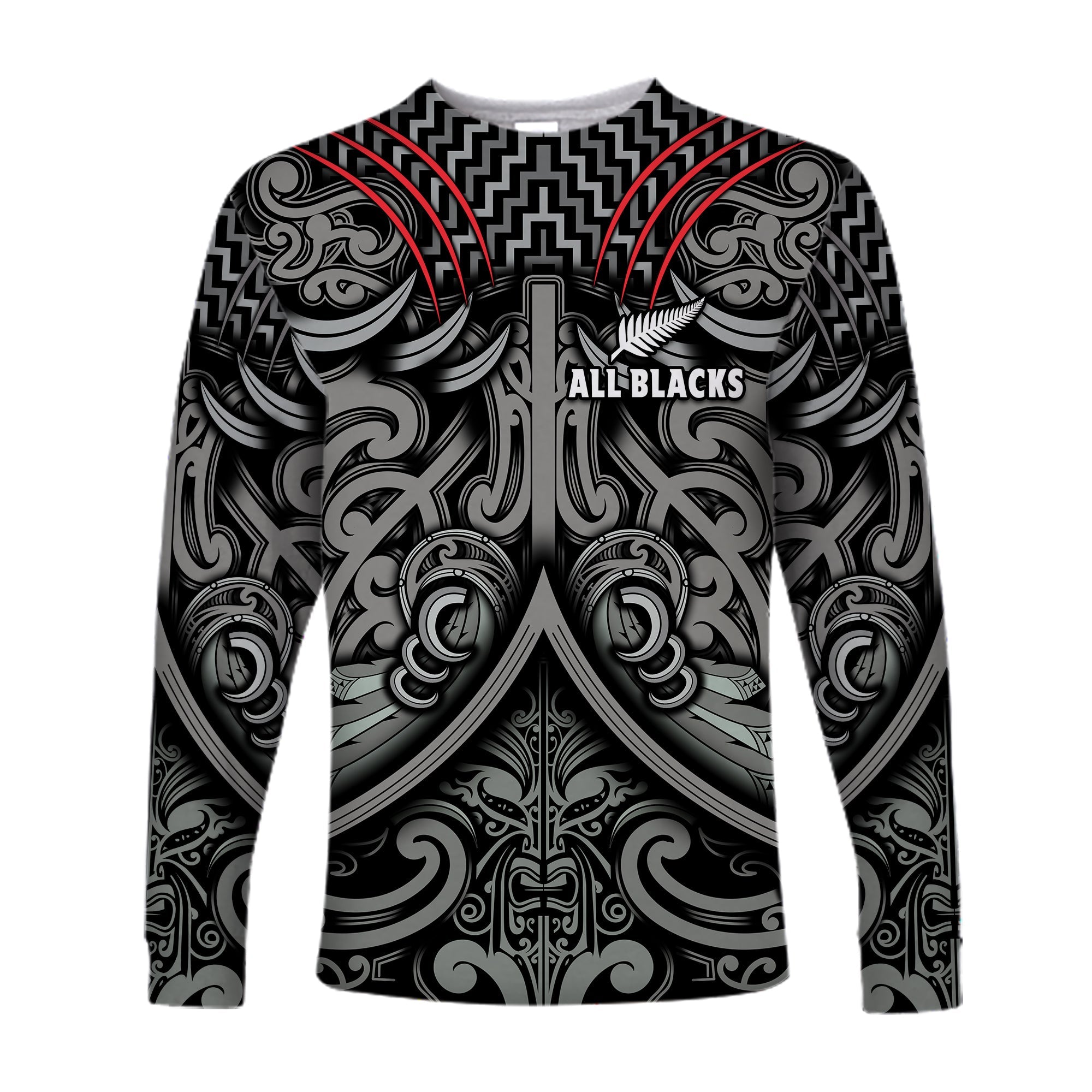 (Custom Text and Number) New Zealand Silver Fern Rugby Long Sleeve Shirt All Black NZ Maori Pattern - Vibe Hoodie Shop