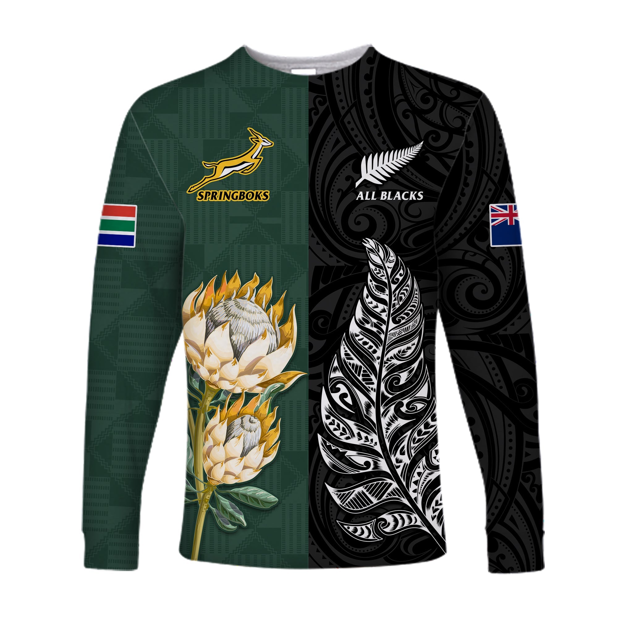 (Custom Text and Number) South Africa Protea and New Zealand Fern Long Sleeve Shirt Rugby Go Springboks vs All Black - Vibe Hoodie Shop