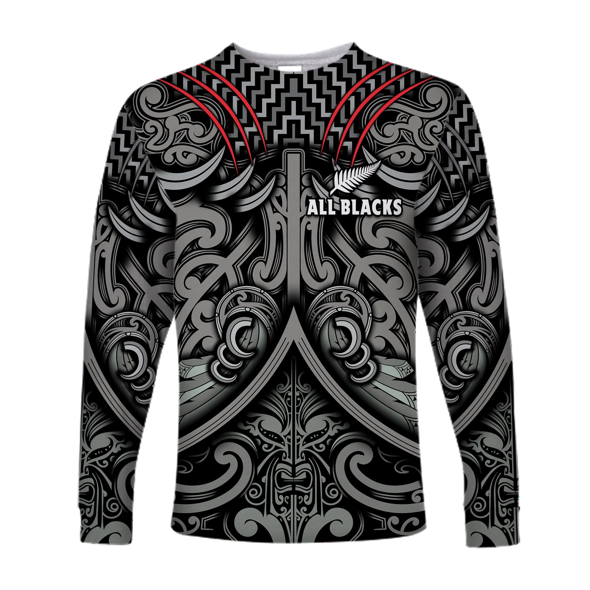 New Zealand Silver Fern Rugby Long Sleeve Shirt All Black NZ Maori Pattern - Vibe Hoodie Shop