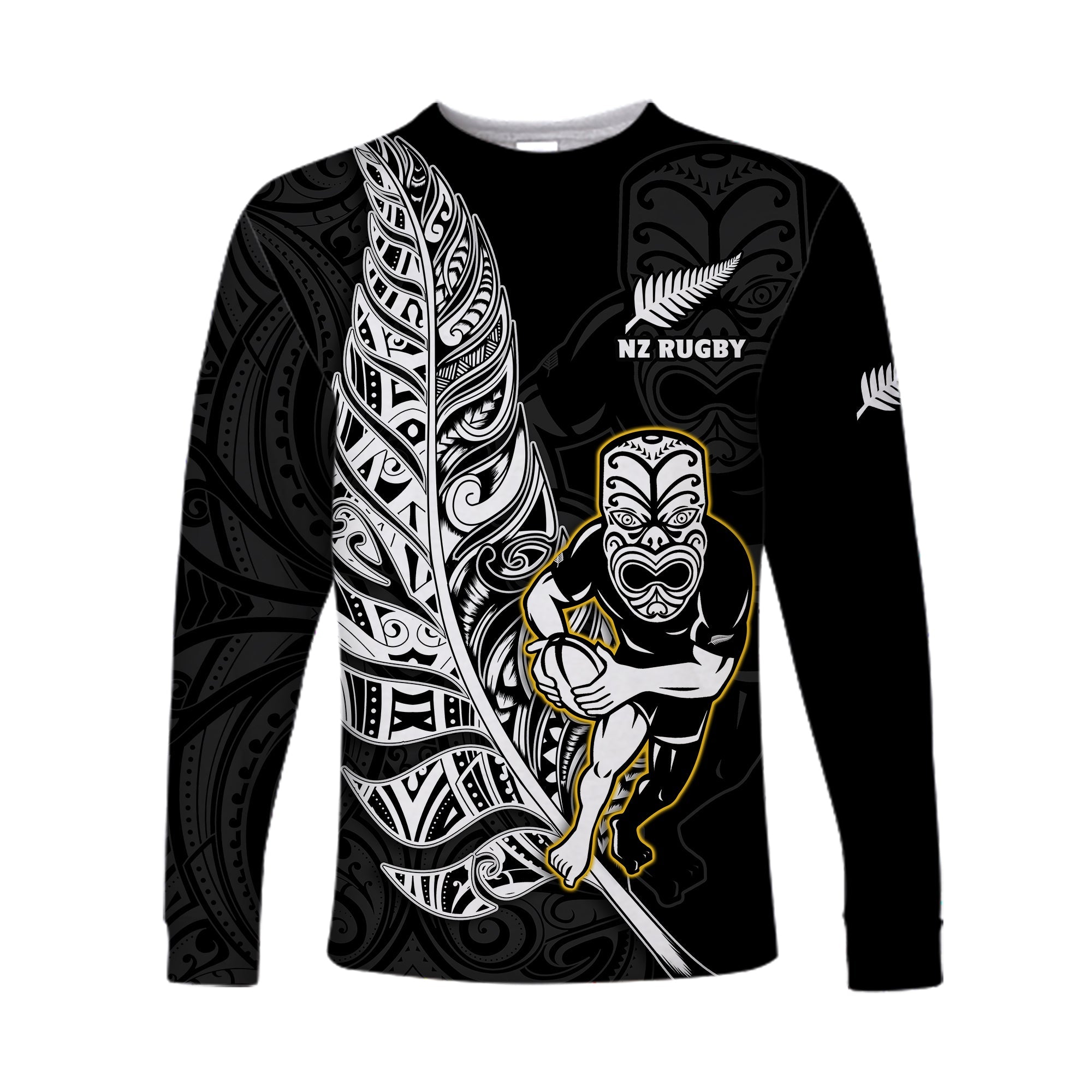 (Custom Text And Number) New Zealand Silver Fern Rugby Long Sleeve Shirt All Black Maori Version Black - Vibe Hoodie Shop