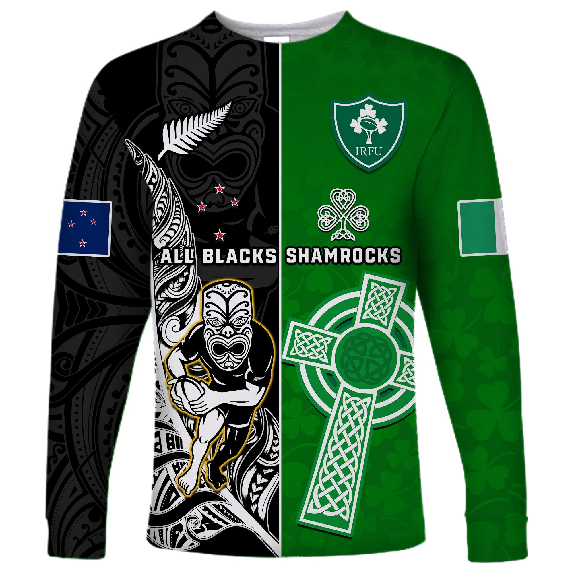 (Custom Personalised) New Zealand And Ireland Rugby Long Sleeve Shirt All Black Maori Mix Shamrocks - Vibe Hoodie Shop