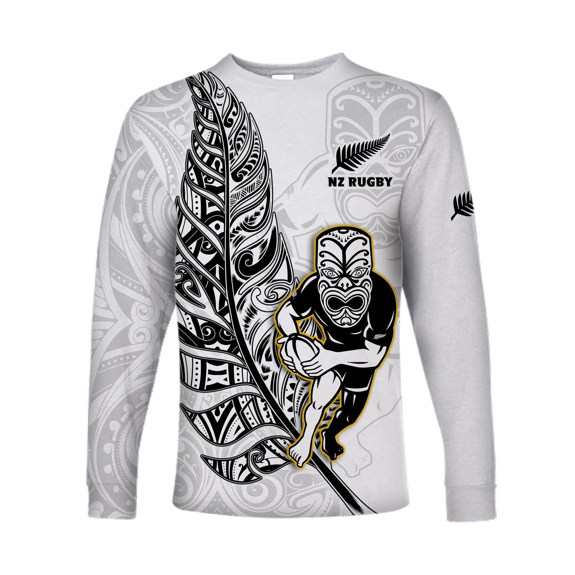 (Custom Text And Number) New Zealand Silver Fern Rugby Long Sleeve Shirt All Black Maori Version White - Vibe Hoodie Shop