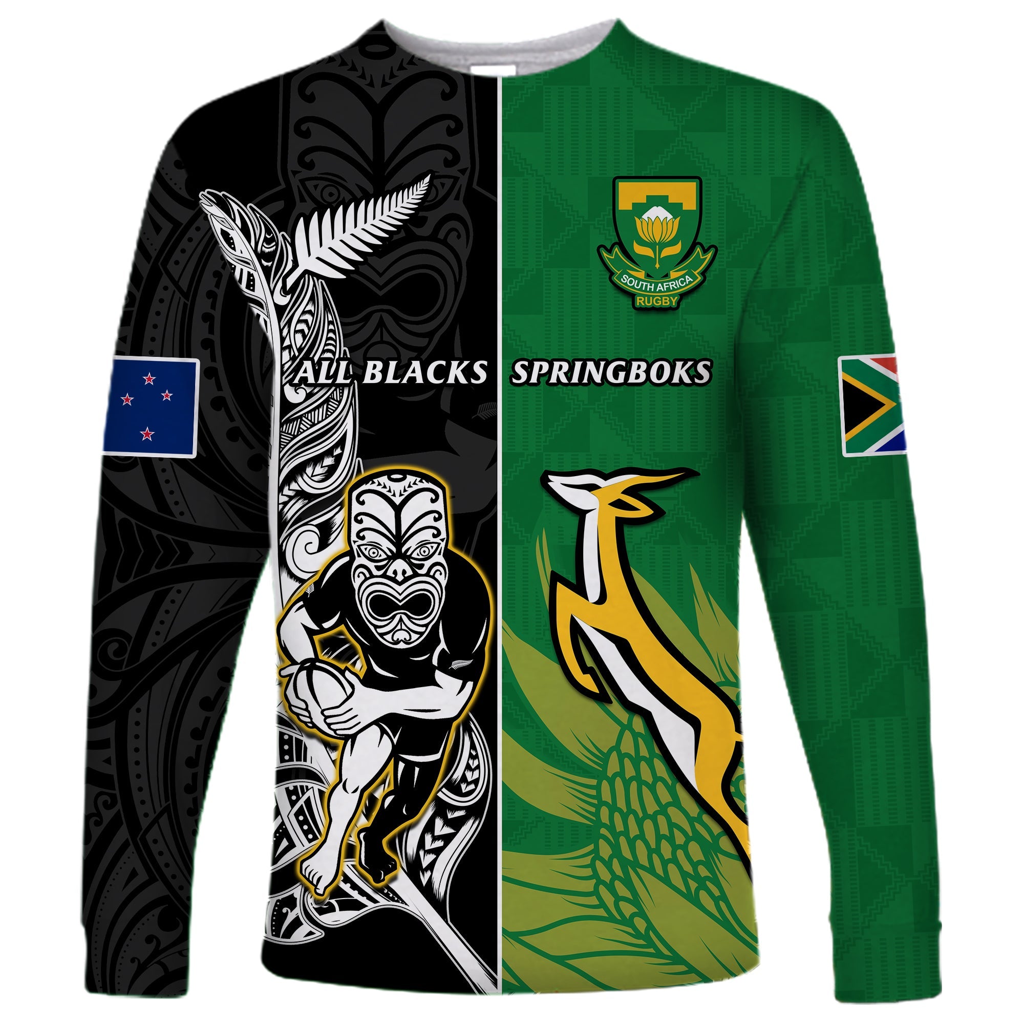 (Custom Personalised) New Zealand And South Africa Rugby Long Sleeve Shirt All Black Maori Mix Springboks - Vibe Hoodie Shop