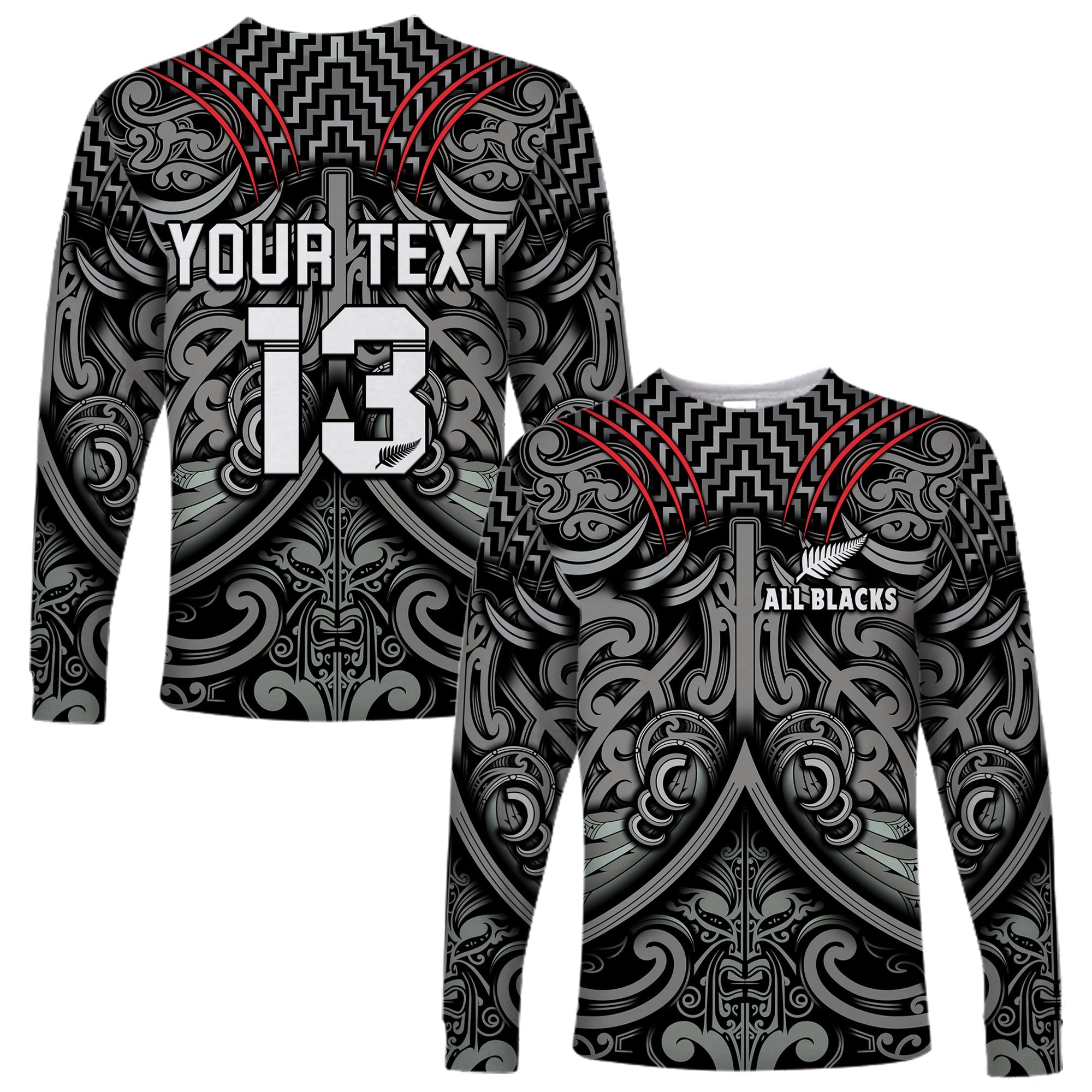 (Custom Text and Number) New Zealand Silver Fern Rugby Long Sleeve Shirt All Black NZ Maori Pattern - Vibe Hoodie Shop