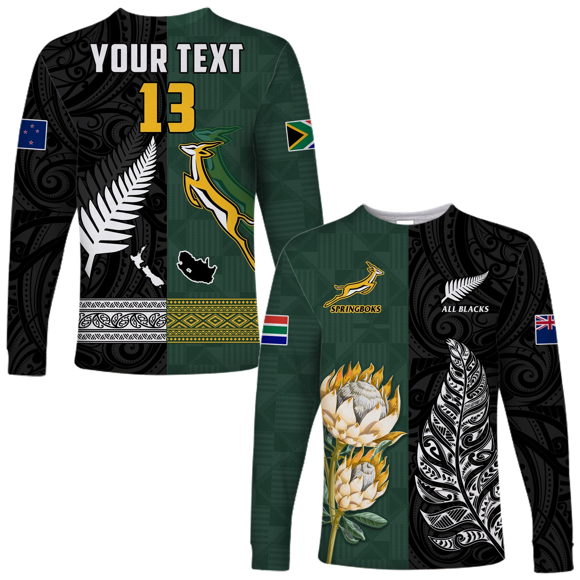 (Custom Text and Number) South Africa Protea and New Zealand Fern Long Sleeve Shirt Rugby Go Springboks vs All Black - Vibe Hoodie Shop