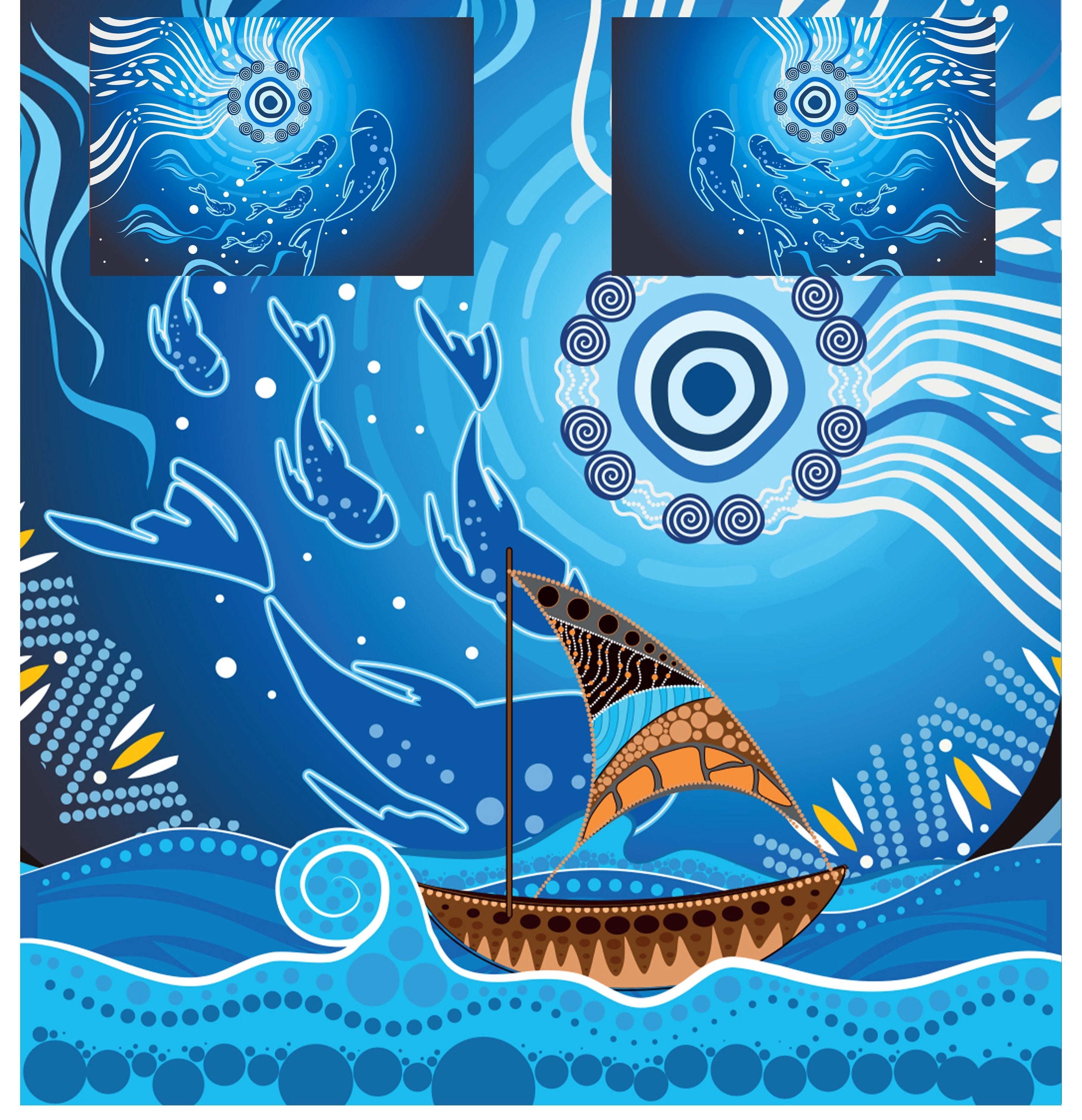 Bedding Set - Aboriginal View Sea With Fish And Boat - Vibe Hoodie Shop