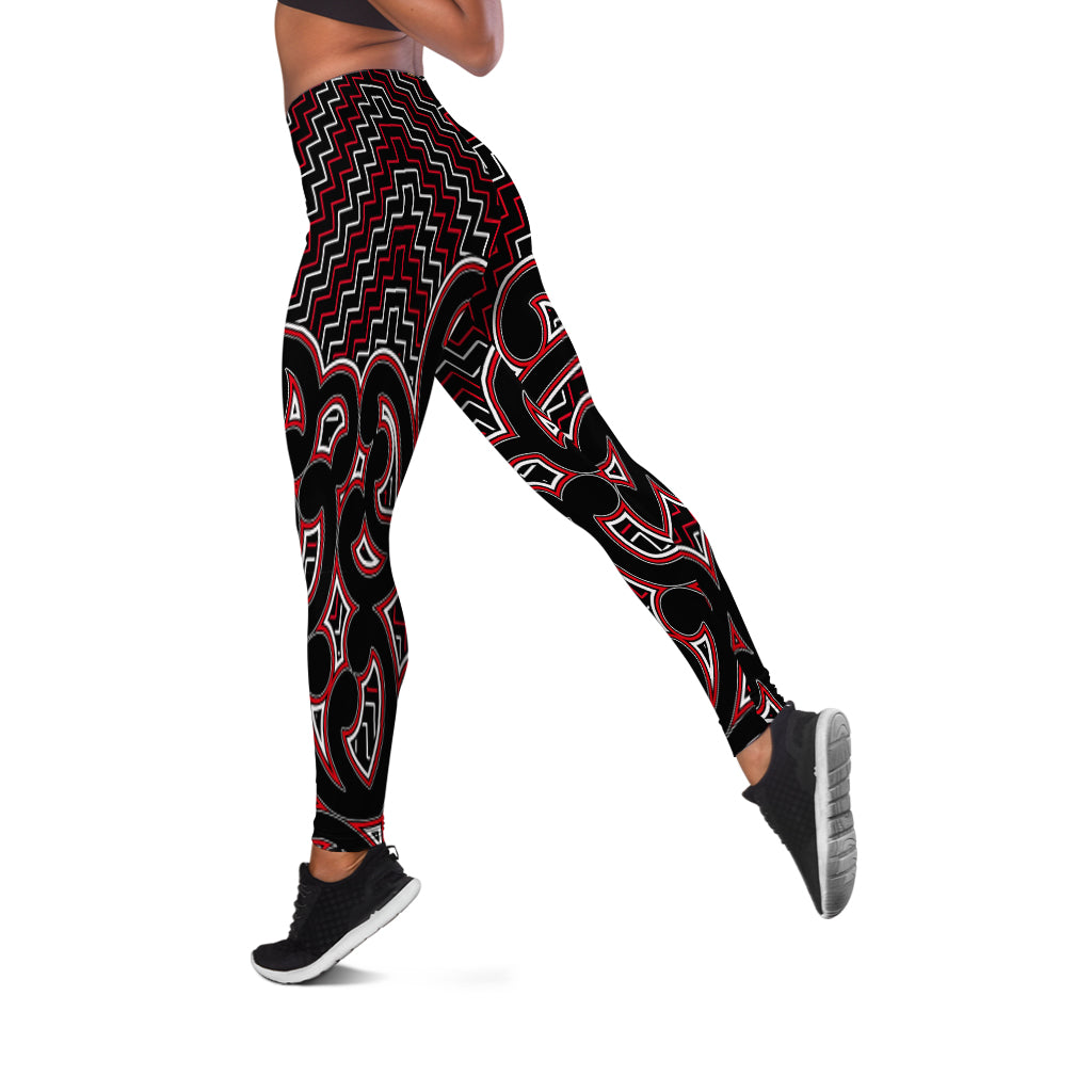 New Zealand Women's Leggings Maori Graphic Tee patterns Red - Vibe Hoodie Shop