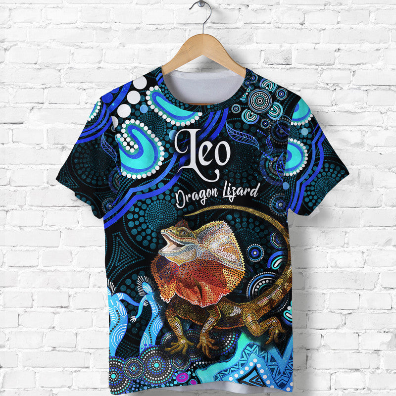 Australian Astrology T Shirt Leo Dragon Lizard Zodiac Aboriginal Vibes - Blue - Vibe Hoodie Shop