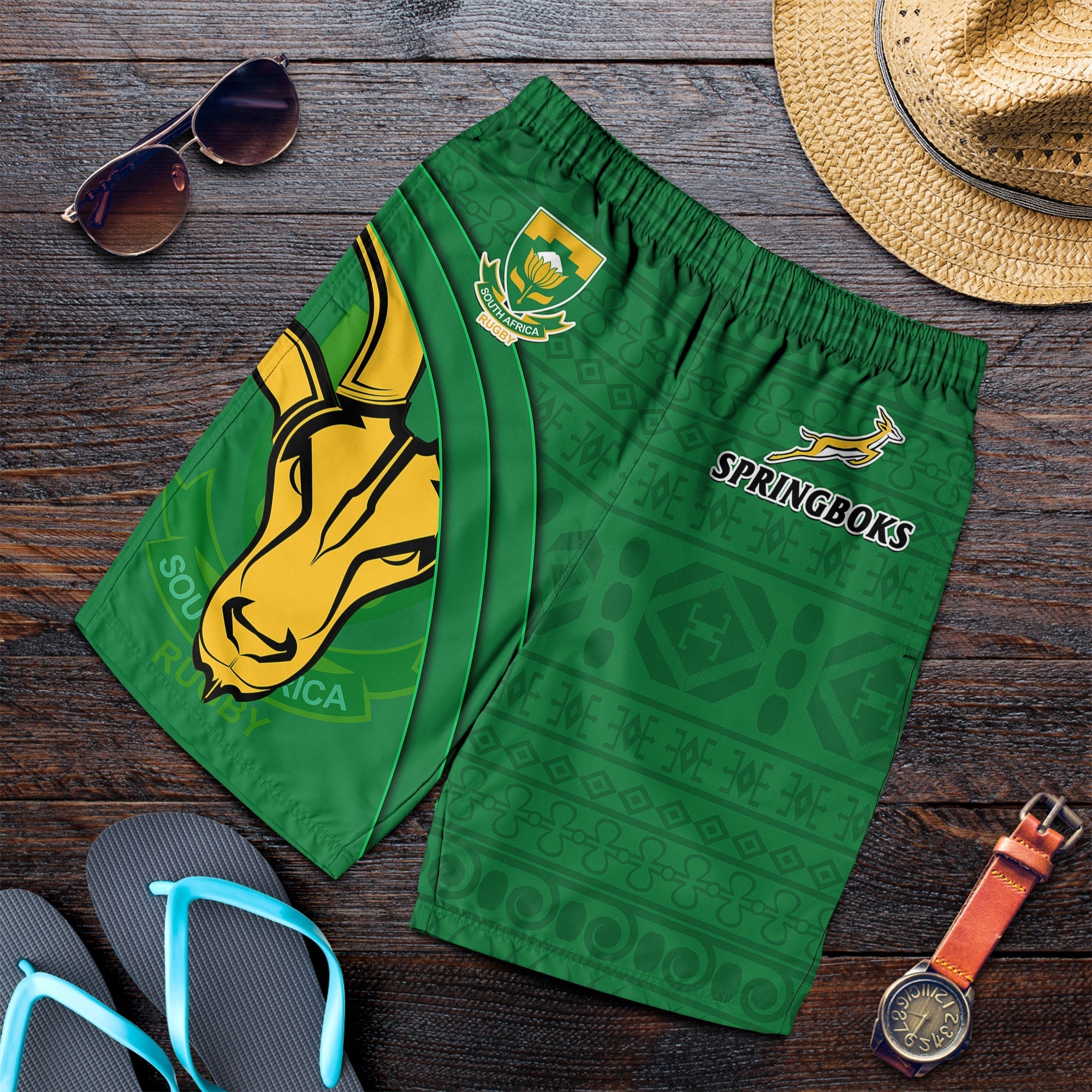 South Africa Rugby Men Shorts Bokke Springboks With African Pattern Stronger Together - Vibe Hoodie Shop