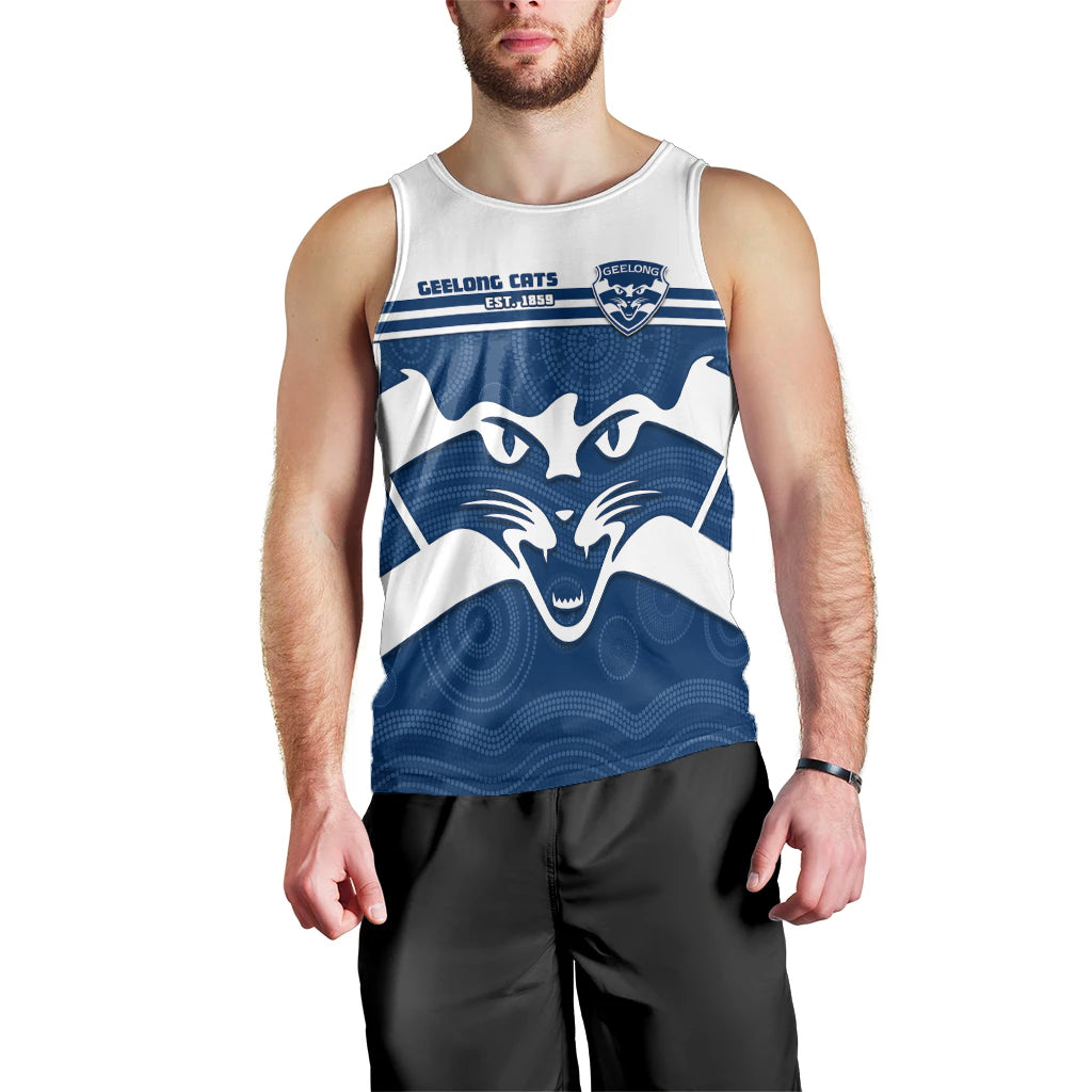 (Custom Text And Number) Cats Football Men Tank Top Geelong Est 1859 Aboriginal Art - Vibe Hoodie Shop