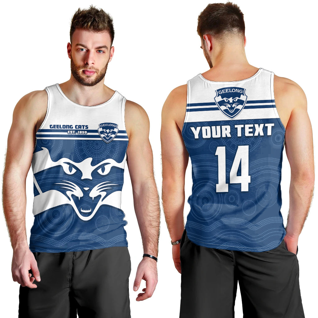 (Custom Text And Number) Cats Football Men Tank Top Geelong Est 1859 Aboriginal Art - Vibe Hoodie Shop