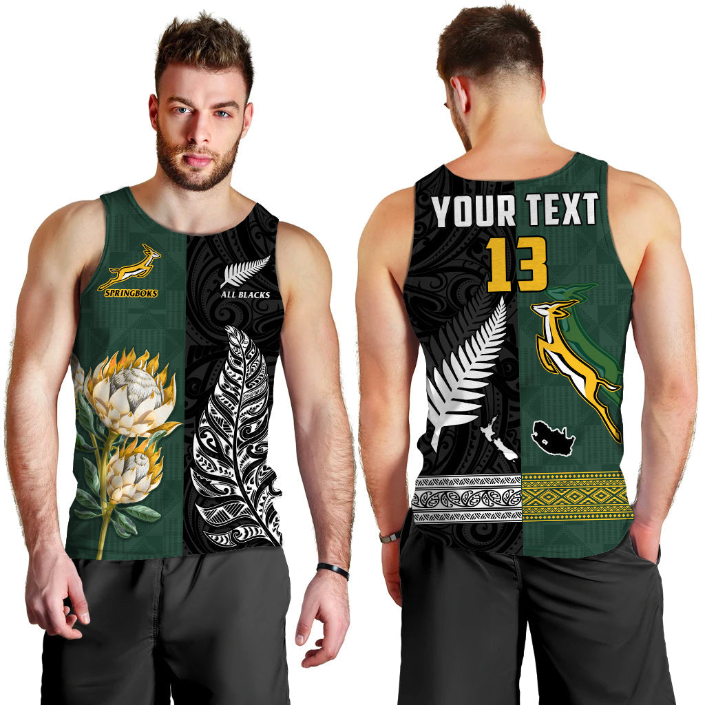 (Custom Text and Number) South Africa Protea and New Zealand Fern Men Tank Top Rugby Go Springboks vs All Black - Vibe Hoodie Shop