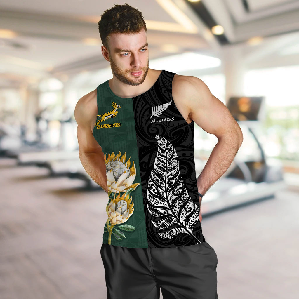 (Custom Text and Number) South Africa Protea and New Zealand Fern Men Tank Top Rugby Go Springboks vs All Black - Vibe Hoodie Shop