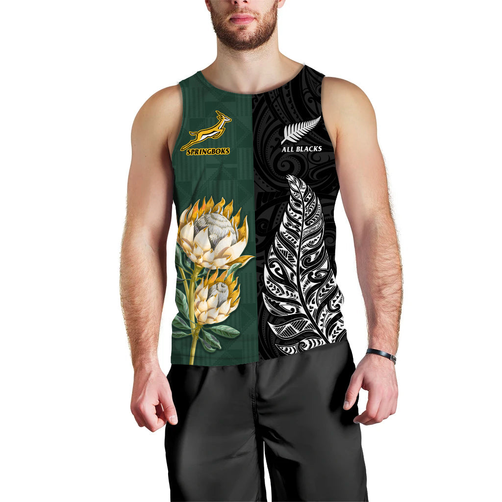 (Custom Text and Number) South Africa Protea and New Zealand Fern Men Tank Top Rugby Go Springboks vs All Black - Vibe Hoodie Shop