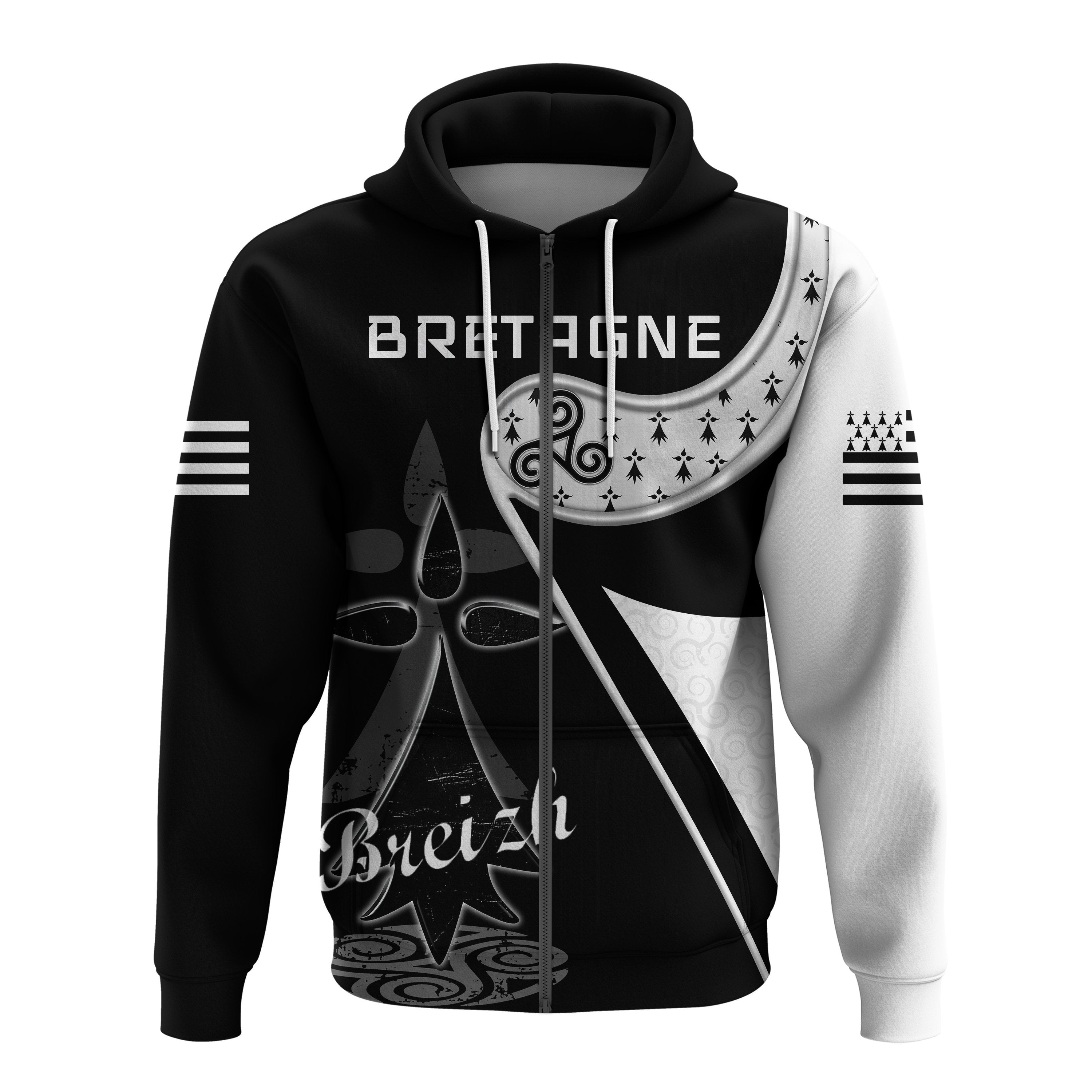 Brittany Zip Hoodie - Rugby Bretagne Stoat Ermine with Celtic Triskelion - Vibe Hoodie Shop