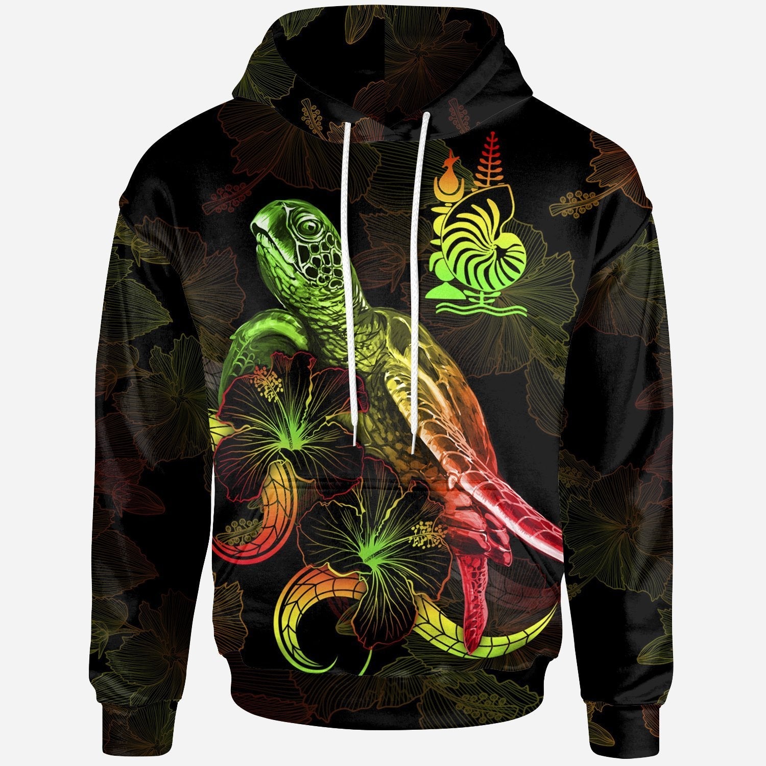 New Caledonia Polynesian Hoodie - Turtle With Blooming Hibiscus Reggae - Vibe Hoodie Shop