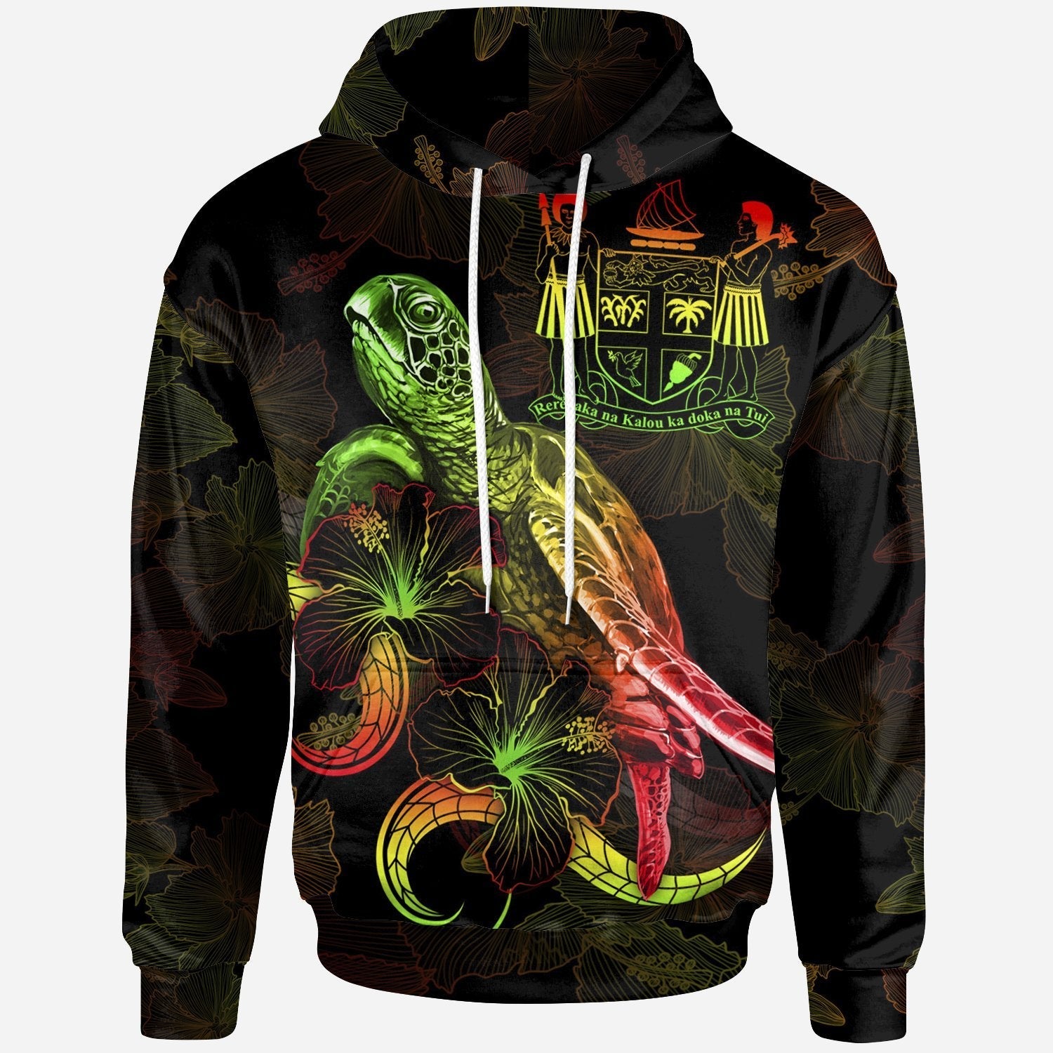 Fiji Polynesian Hoodie - Turtle With Blooming Hibiscus Reggae - Vibe Hoodie Shop
