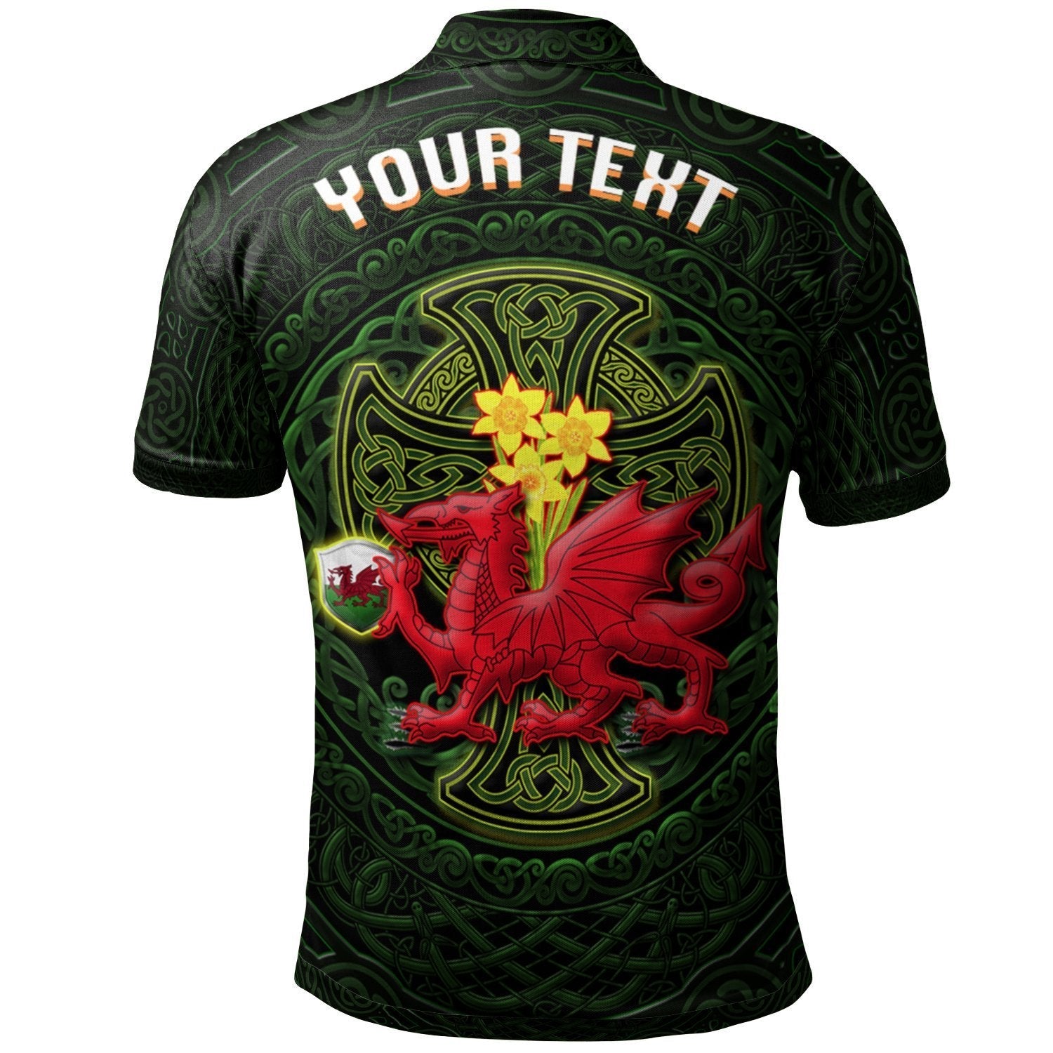 Custom Text Welsh Dragon with Celtic Cross and Daffodils Customized Polo Shirt - The Symbols of Wales - Vibe Hoodie Shop
