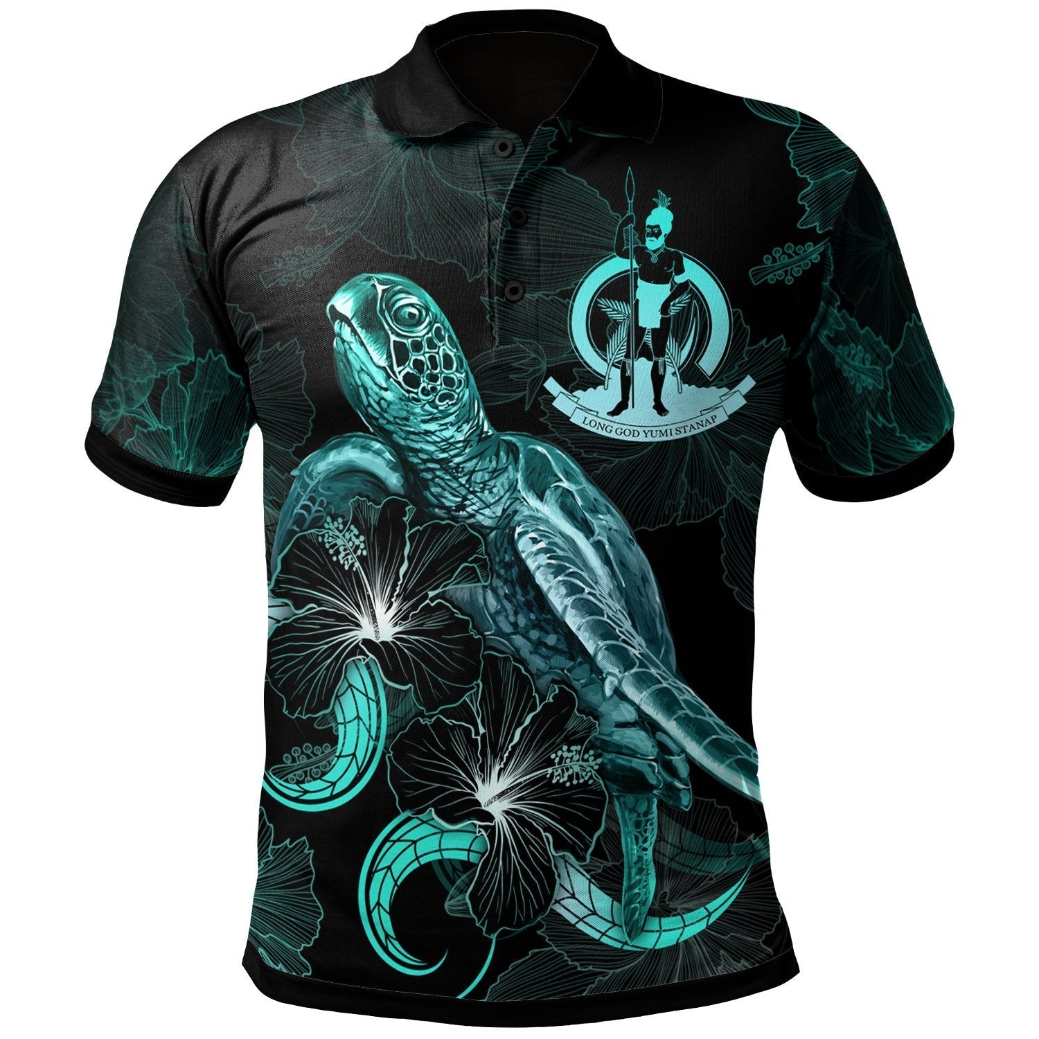 Vanuatu Polynesian Polo Shirt - Turtle With Blooming Hibiscus Turquoise - Vibe Hoodie Shop