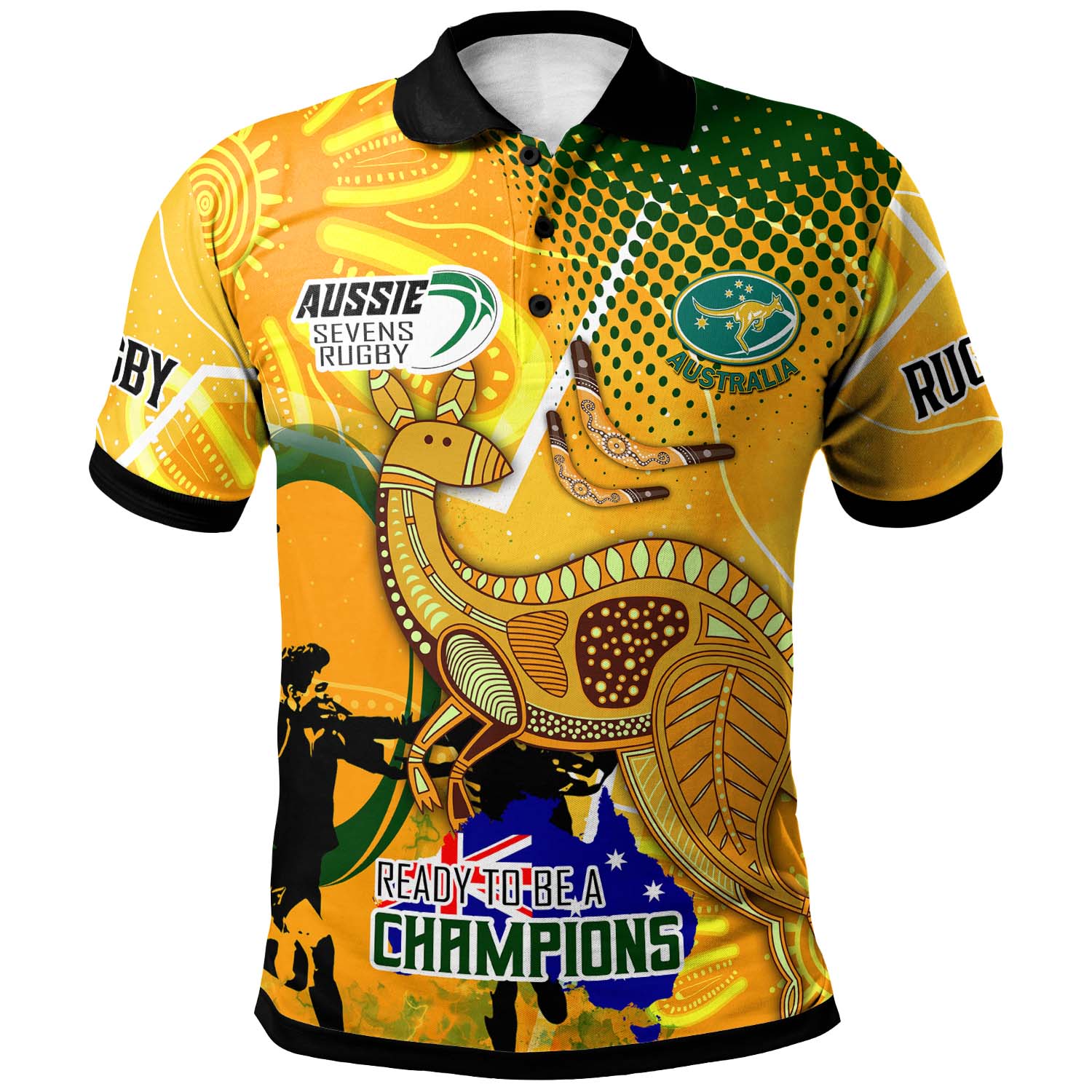 Australia National Rugby Sevens Team Polo Shirt - Custom Autralia 7s Team Rugby Championship with Aboriginal Player And Number Polo Shirt - Vibe Hoodie Shop