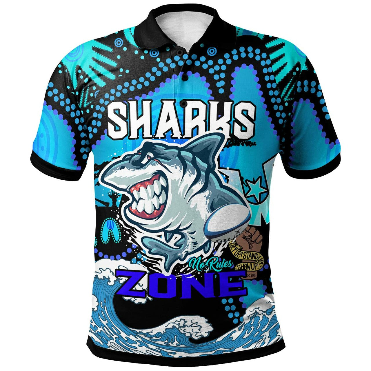 Sharks Rugby Polo Shirt - Custom NAIDOC Sharks No Rules Zone Rugby Ball Torres Strait with Aboriginal Culture RLT12 - Vibe Hoodie Shop