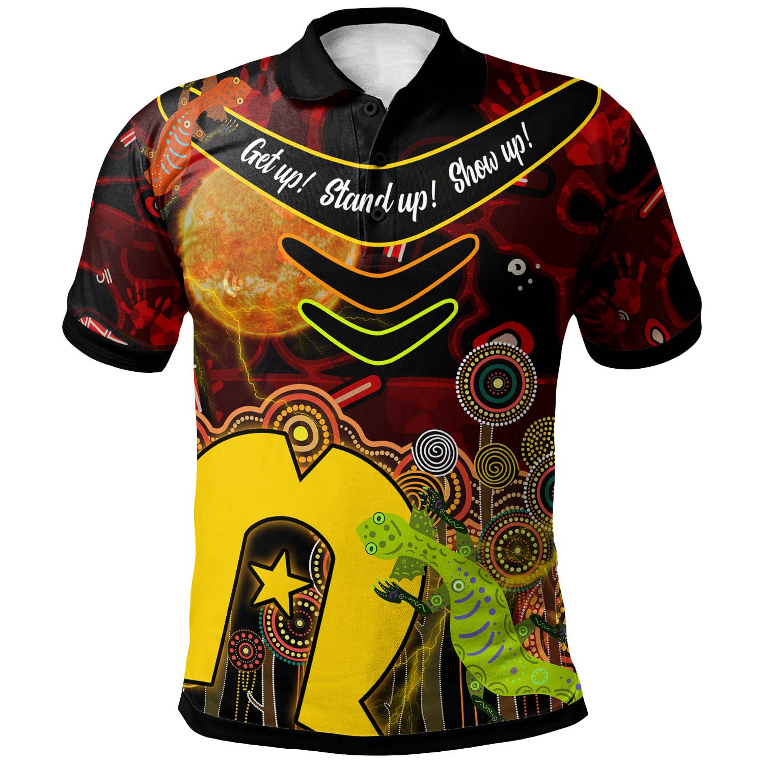 Australia NAIDOC Week 2023 Polo Shirt - Boomerang Aboriginal Inspired Naidoc Week and Torres Strait Flag "Get up! Stand up! Show up!" Polo Shirt - Vibe Hoodie Shop