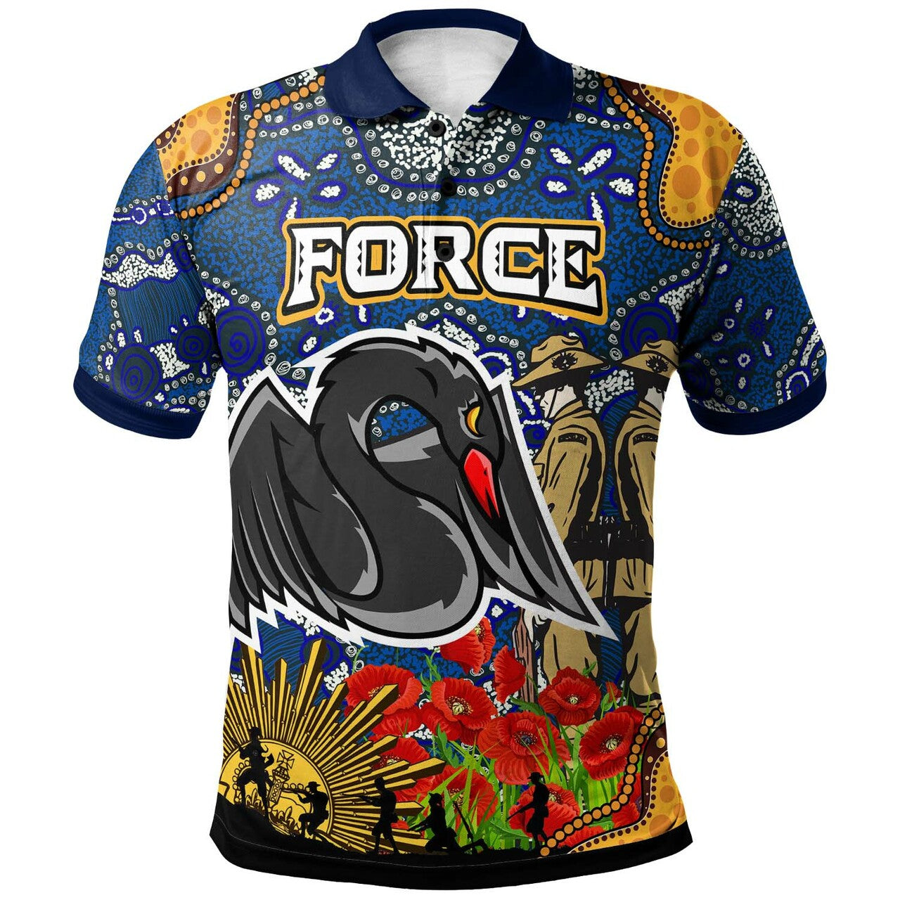 Western Force Rugby Polo Shirt - ANZAC Day Western Force with Aboriginal Poppy Flower Polo Shirt LT10 - Vibe Hoodie Shop