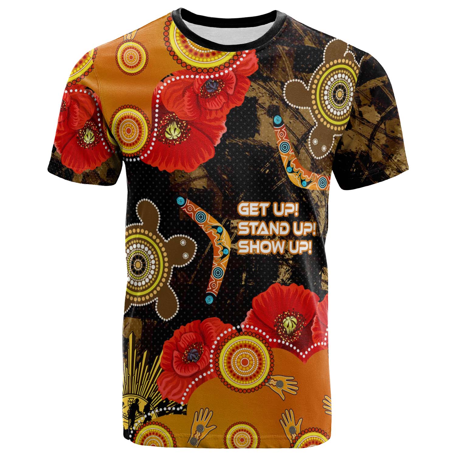 Australia Anzac Day and NAIDOC Week 2023 T-shirt - Poppy Flower with Aboriginal Inspired Style and Turtle Indigenous T-shirt - Vibe Hoodie Shop