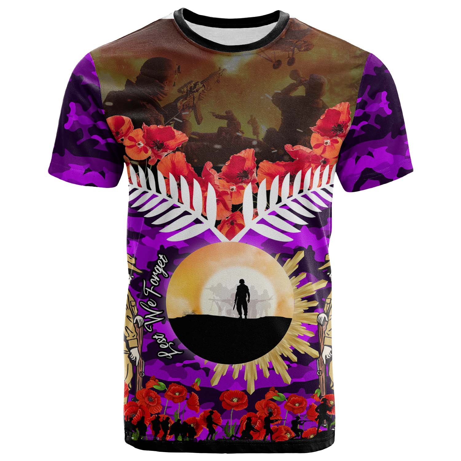 Anzac New Zealand T-shirt - Lest We Forget Anzac Day New Zealand with Poppy Flower T-shirt - Vibe Hoodie Shop