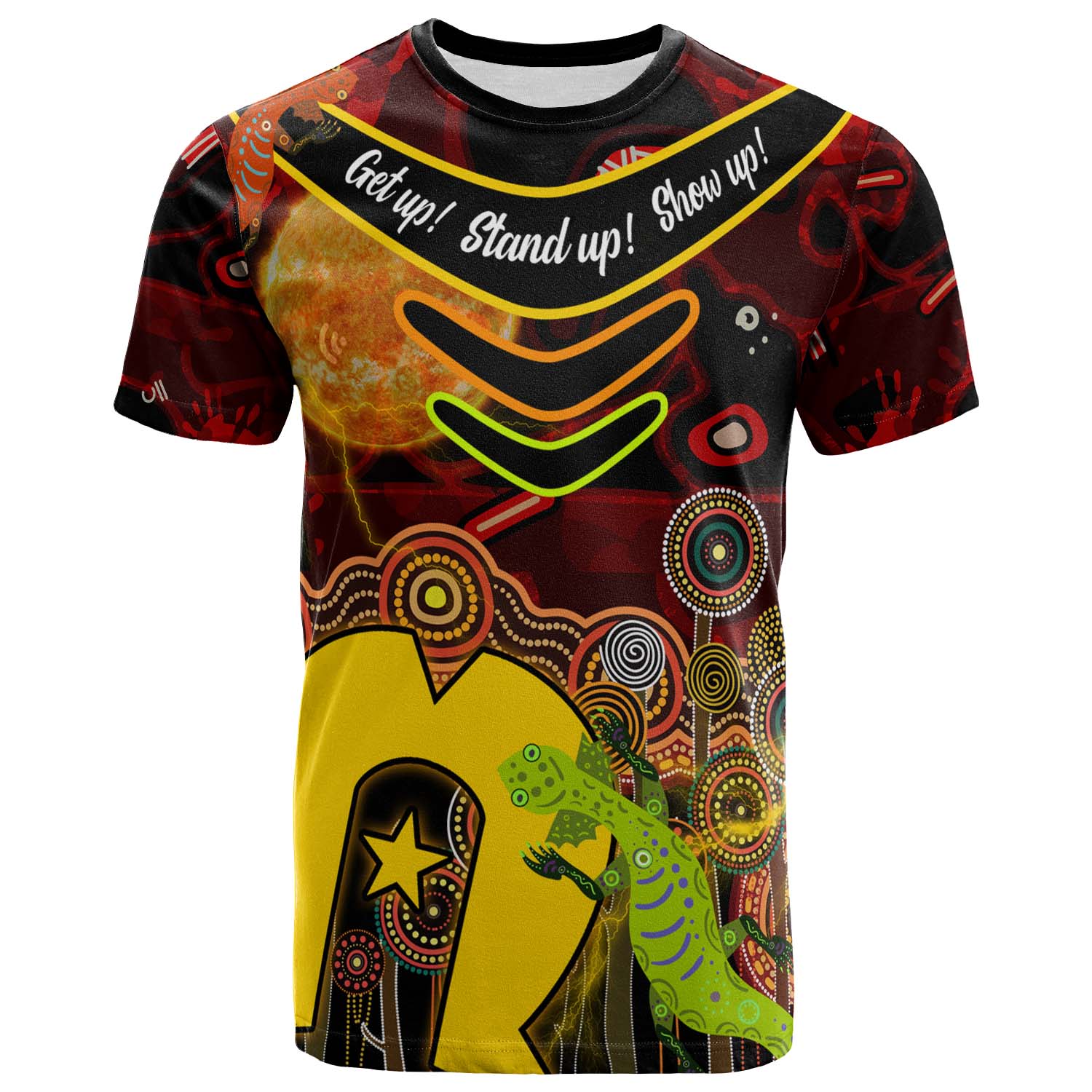 Australia NAIDOC Week 2023 T-shirt - Boomerang Aboriginal Inspired Naidoc Week and Torres Strait Flag "Get up! Stand up! Show up!" T-shirt - Vibe Hoodie Shop