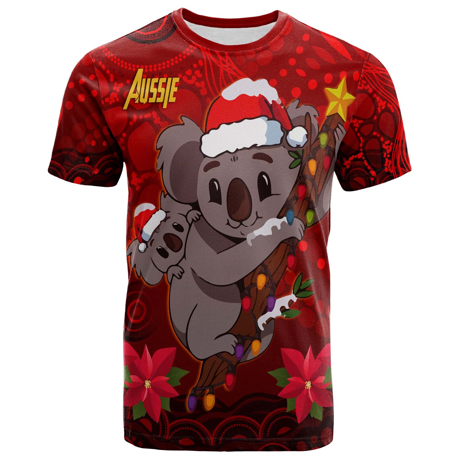 Aboriginal Christmas T-shirt - Custom Aussie Koala Christmas Poinsettia with Aboriginal Inspired T-shirt - Vibe Hoodie Shop