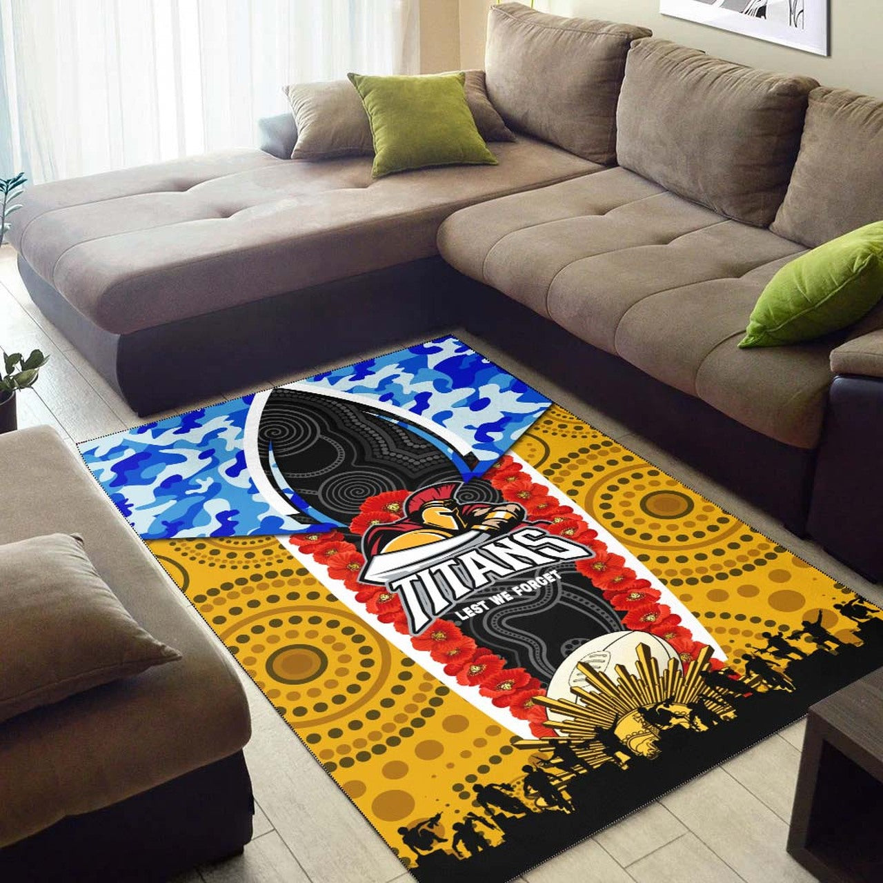 Titans Rugby ANZAC Aboriginal Rug - Titans with Poppy Watercolor Flower Rug LT10 - Vibe Hoodie Shop