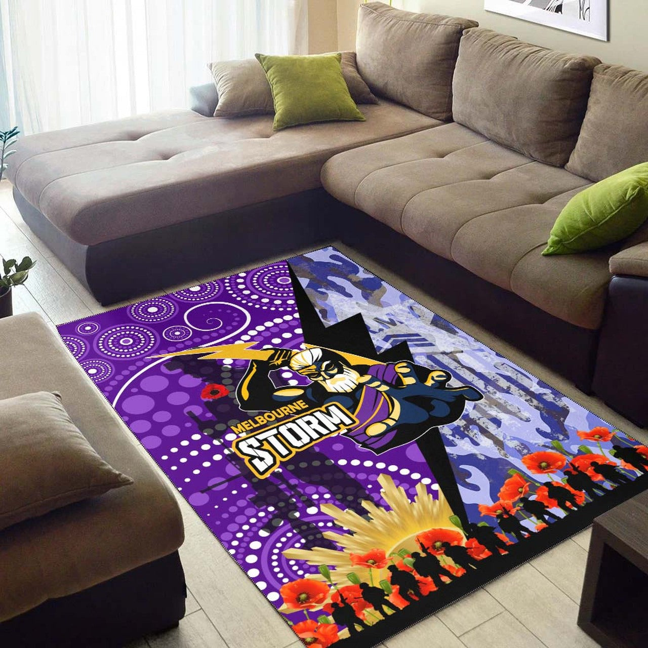 Storm ANZAC Aboriginal Area Rug - Melbourne Storm with Remembrance Day Poppy Flower Area Rug LT10 - Vibe Hoodie Shop