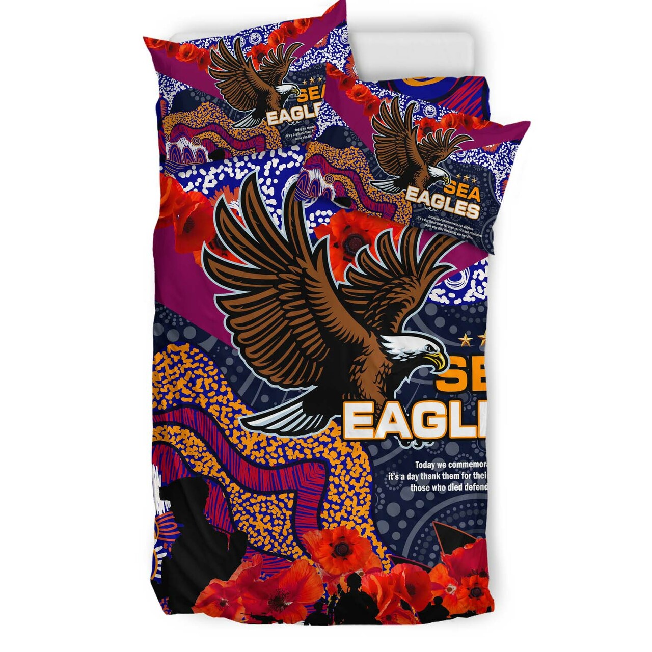 Sea Eagles Rugby ANZAC Aboriginal Bedding Set - Manly Warringah Sea Eagles with ANZAC Day Poppy Flower Bedding Set LT10 - Vibe Hoodie Shop