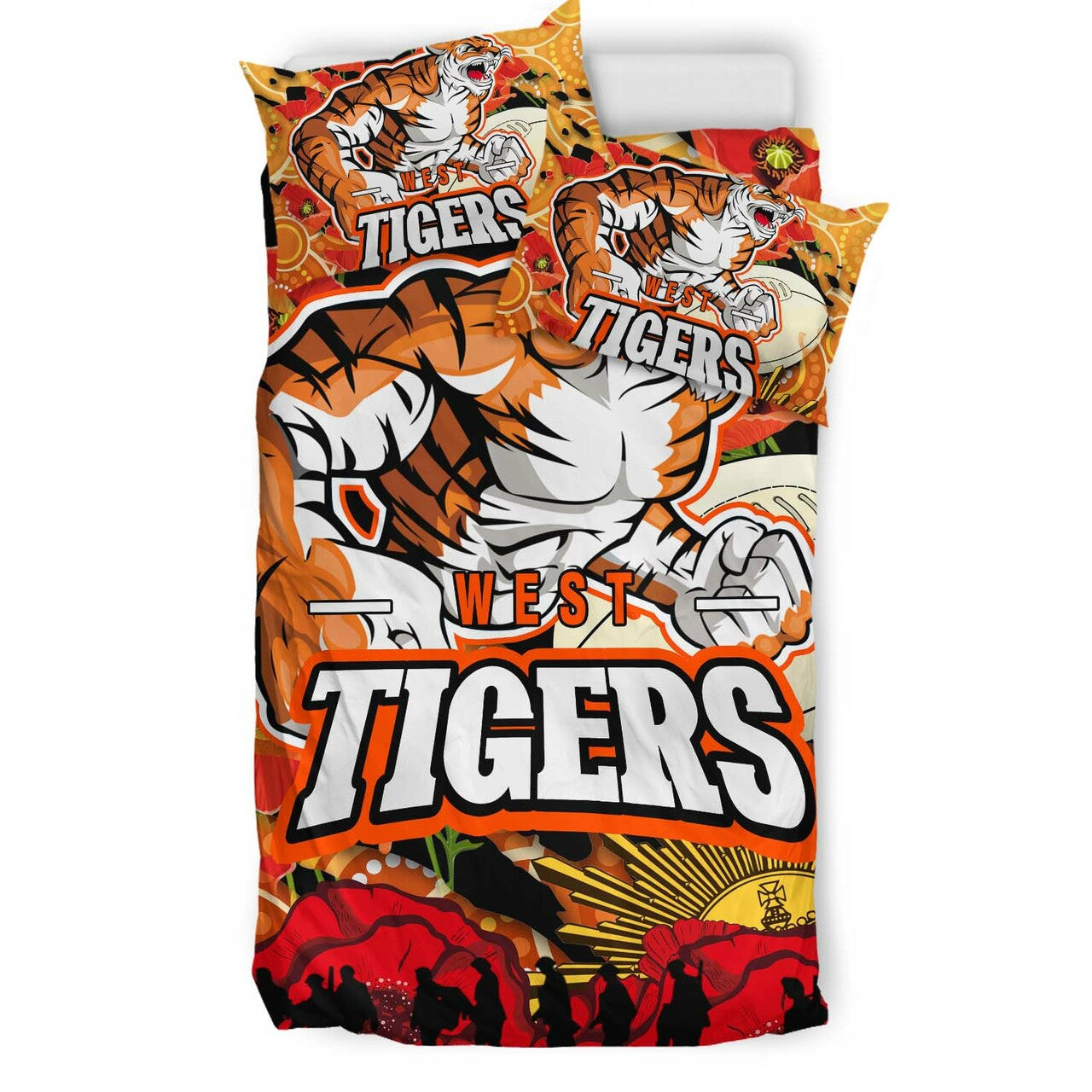 Tigers Rugby ANZAC Aboriginal Bedding Set - Tigers Rugby with Remembrance Day Poppy Flower Bedding Set LT10 - Vibe Hoodie Shop