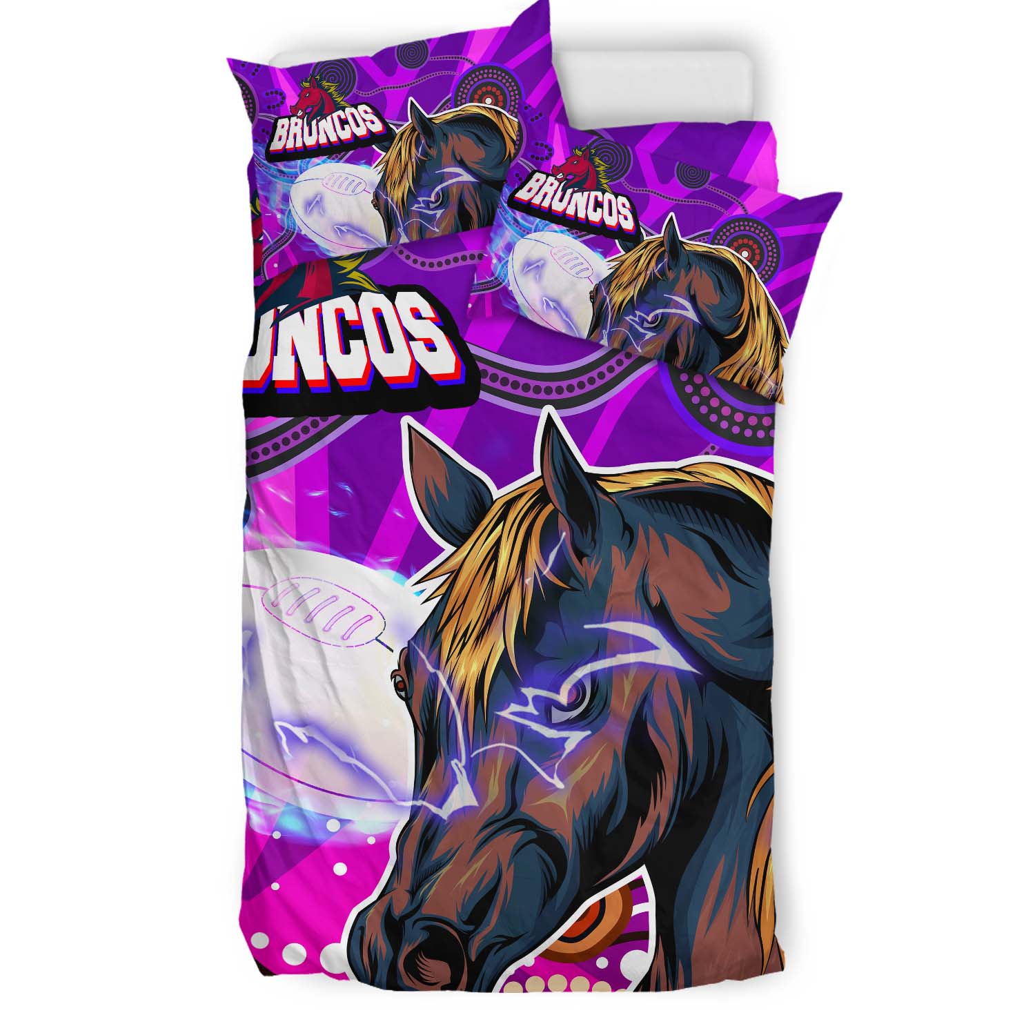Broncos Rugby Bedding Set - Custom Broncos Horse Rugby with Aboriginal Low Poly Style Bedding Set - Vibe Hoodie Shop