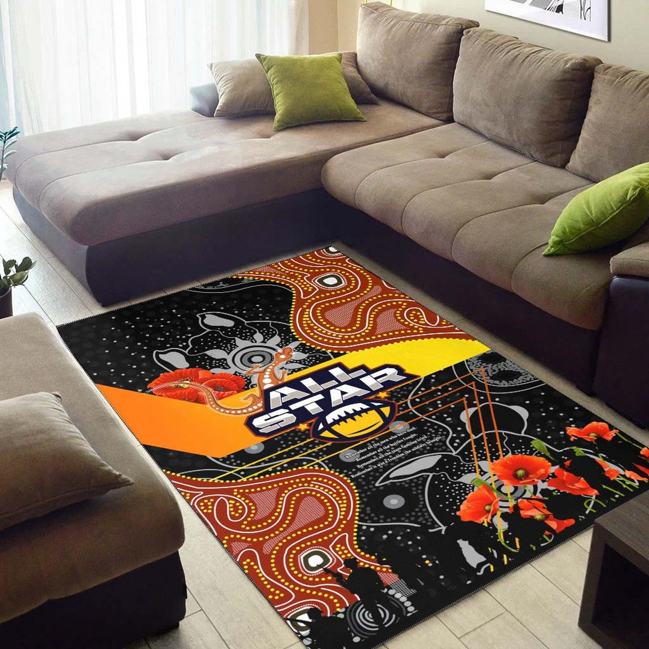 All Stars Rugby ANZAC Aboriginal Area Rug - All Stars with ANZAC Day with Poppy Flower Area Rug LT10 - Vibe Hoodie Shop