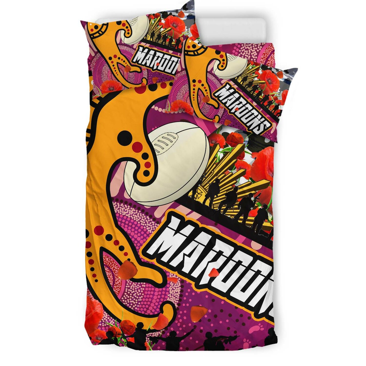 Maroons Rugby ANZAC Aboriginal Bedding Set - Maroons Aboriginal Pattern with ANZAC Day Poppy Flower Bedding Set LT10 - Vibe Hoodie Shop