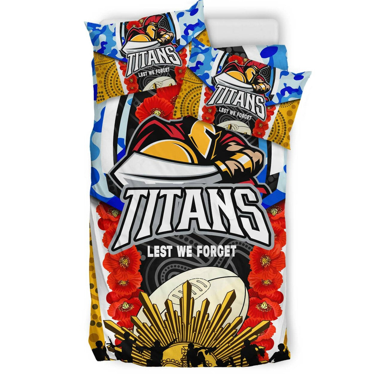 Titans Rugby ANZAC Aboriginal Bedding Set - Titans with Poppy Watercolor Flower Bedding Set LT10 - Vibe Hoodie Shop