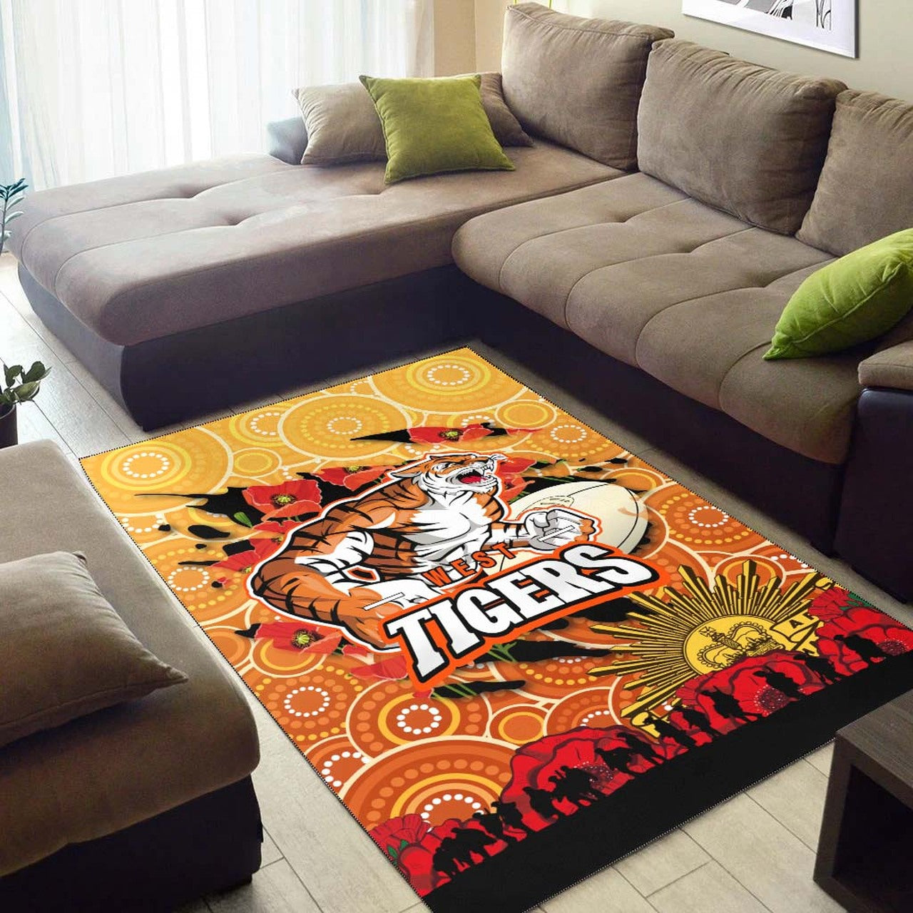 Tigers Rugby ANZAC Aboriginal Area Rug - Tigers Rugby with Remembrance Day Poppy Flower Area Rug LT10 - Vibe Hoodie Shop