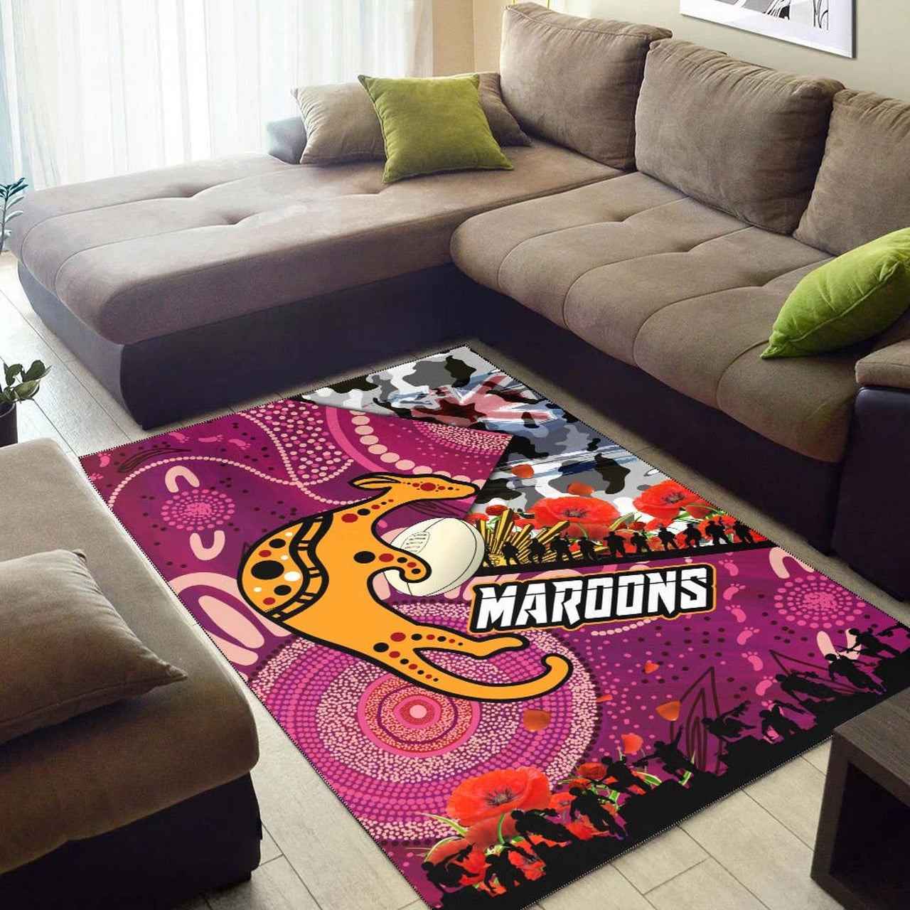 Maroons Rugby ANZAC Aboriginal Area Rug - Maroons Aboriginal Pattern with ANZAC Day Poppy Flower Area Rug LT10 - Vibe Hoodie Shop