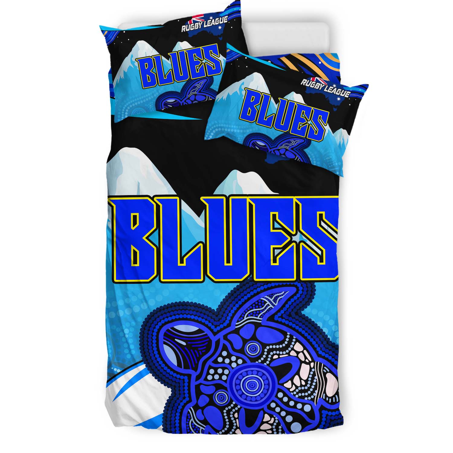 Blues Rugby Bedding Set - Blues Rugby League Turtle and Mountain Aboriginal Culture Bedding Set - Vibe Hoodie Shop