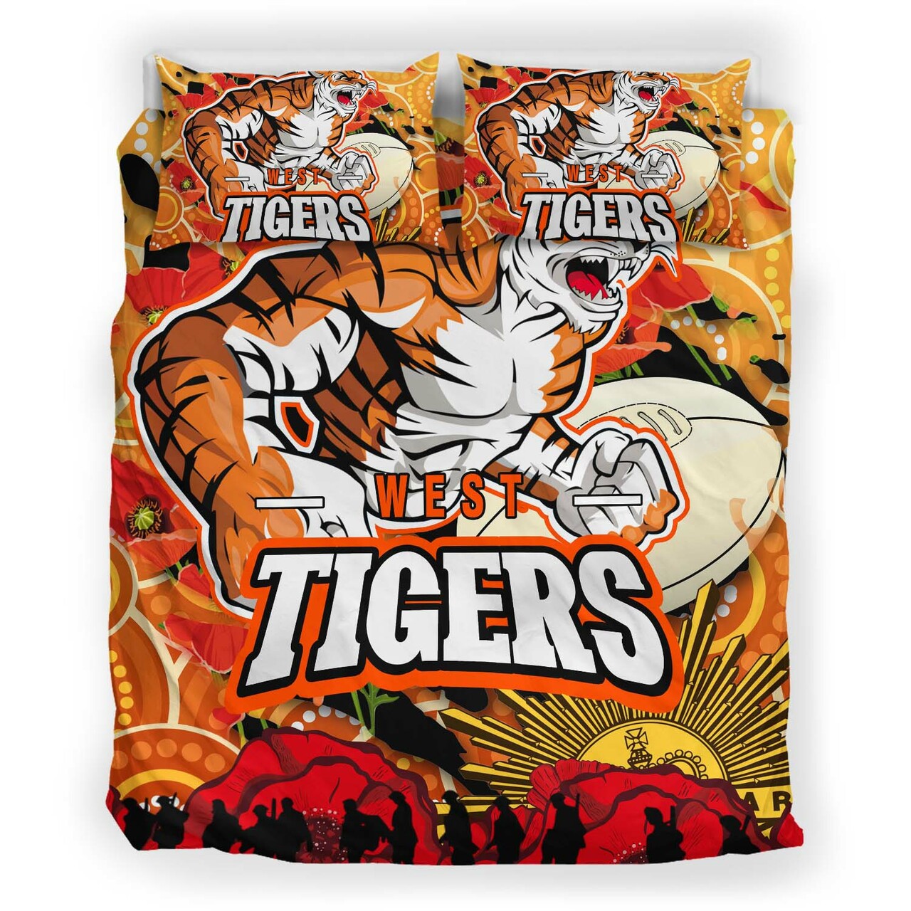 Tigers Rugby ANZAC Aboriginal Bedding Set - Tigers Rugby with Remembrance Day Poppy Flower Bedding Set LT10 - Vibe Hoodie Shop