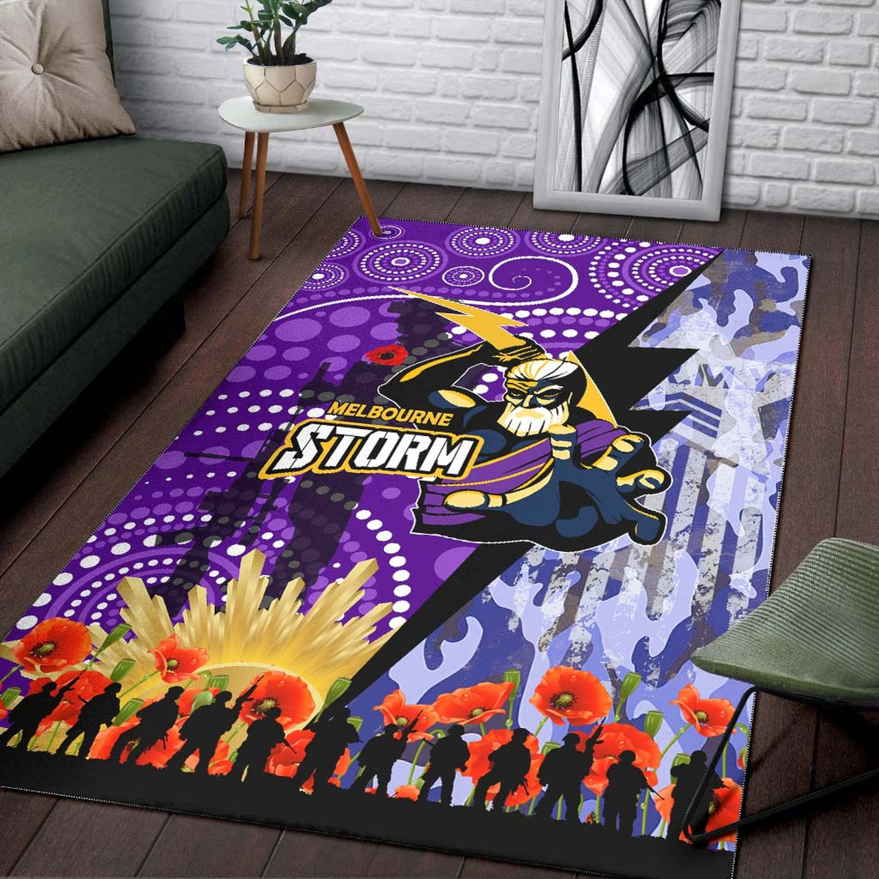 Storm ANZAC Aboriginal Area Rug - Melbourne Storm with Remembrance Day Poppy Flower Area Rug LT10 - Vibe Hoodie Shop